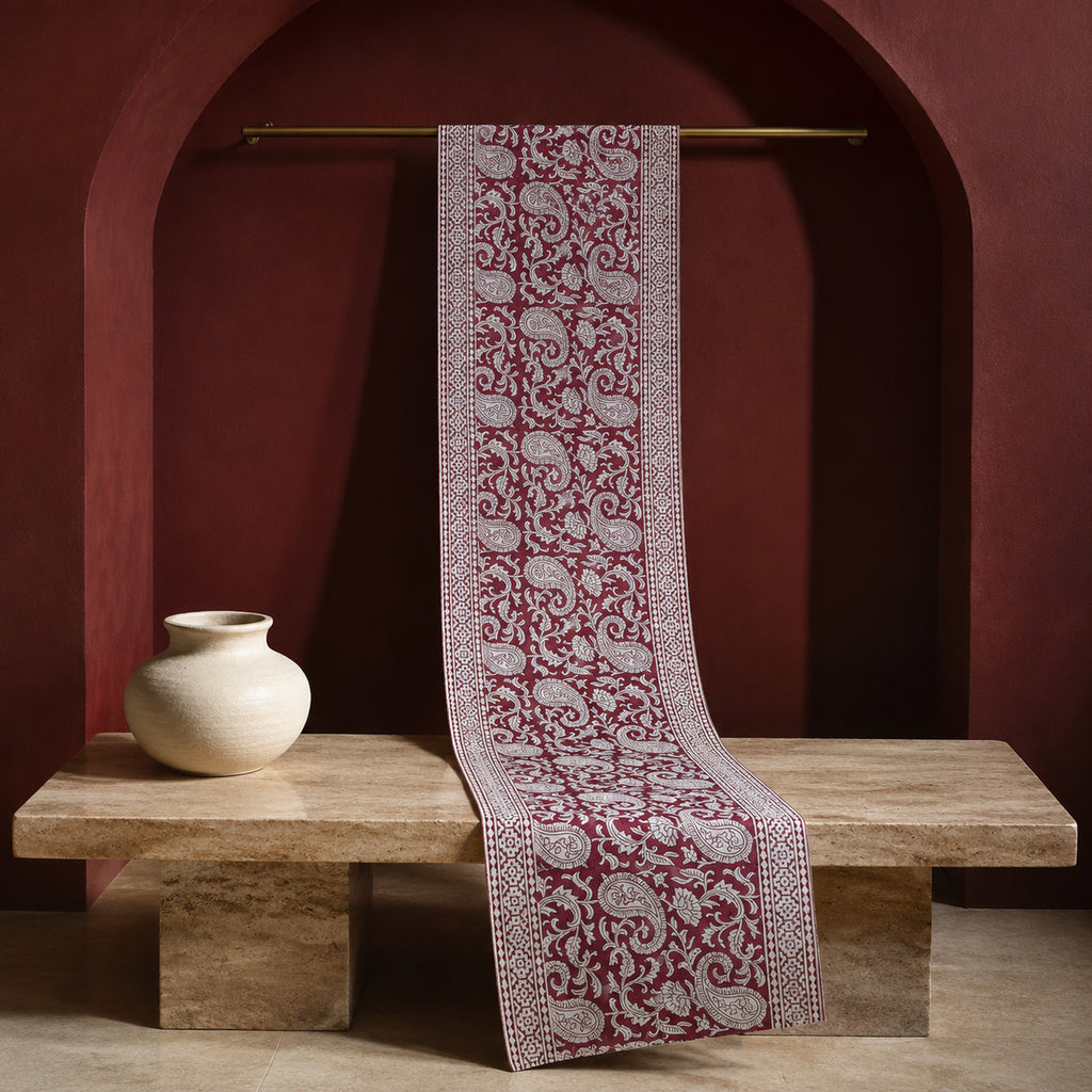Bordeaux Paisley Vine Table Runner, full-length product view.