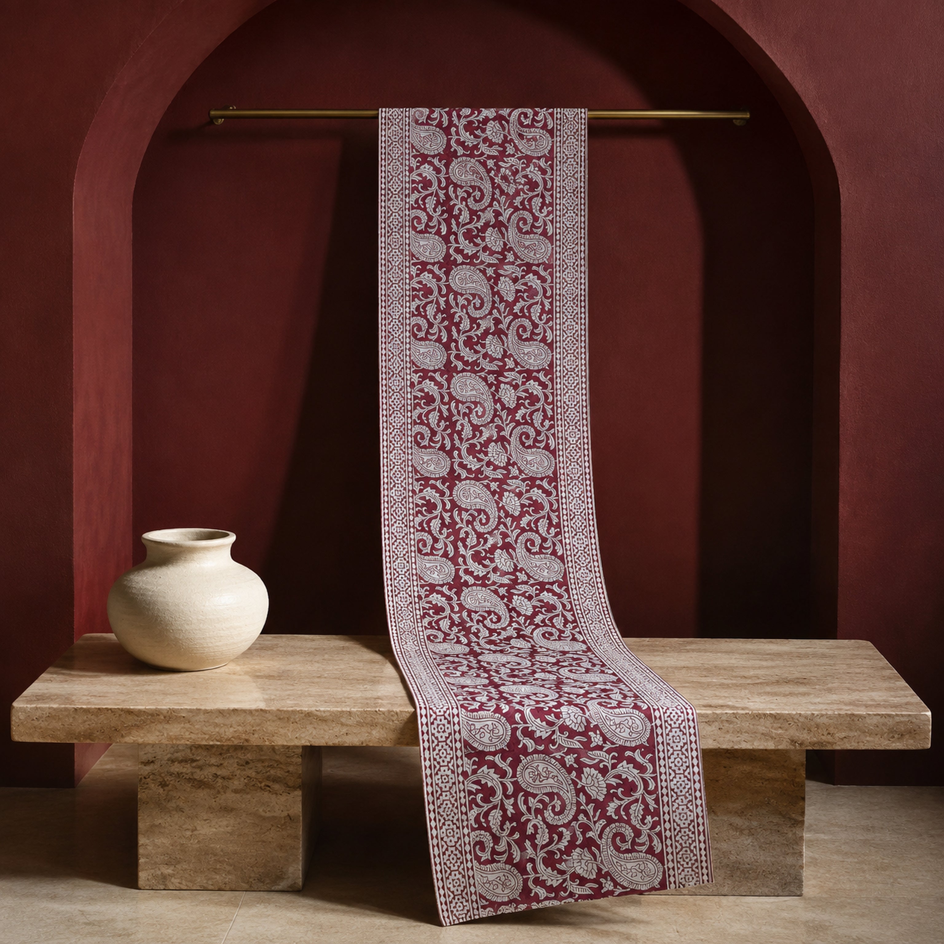 Bordeaux Paisley Vine Table Runner, full-length product view.