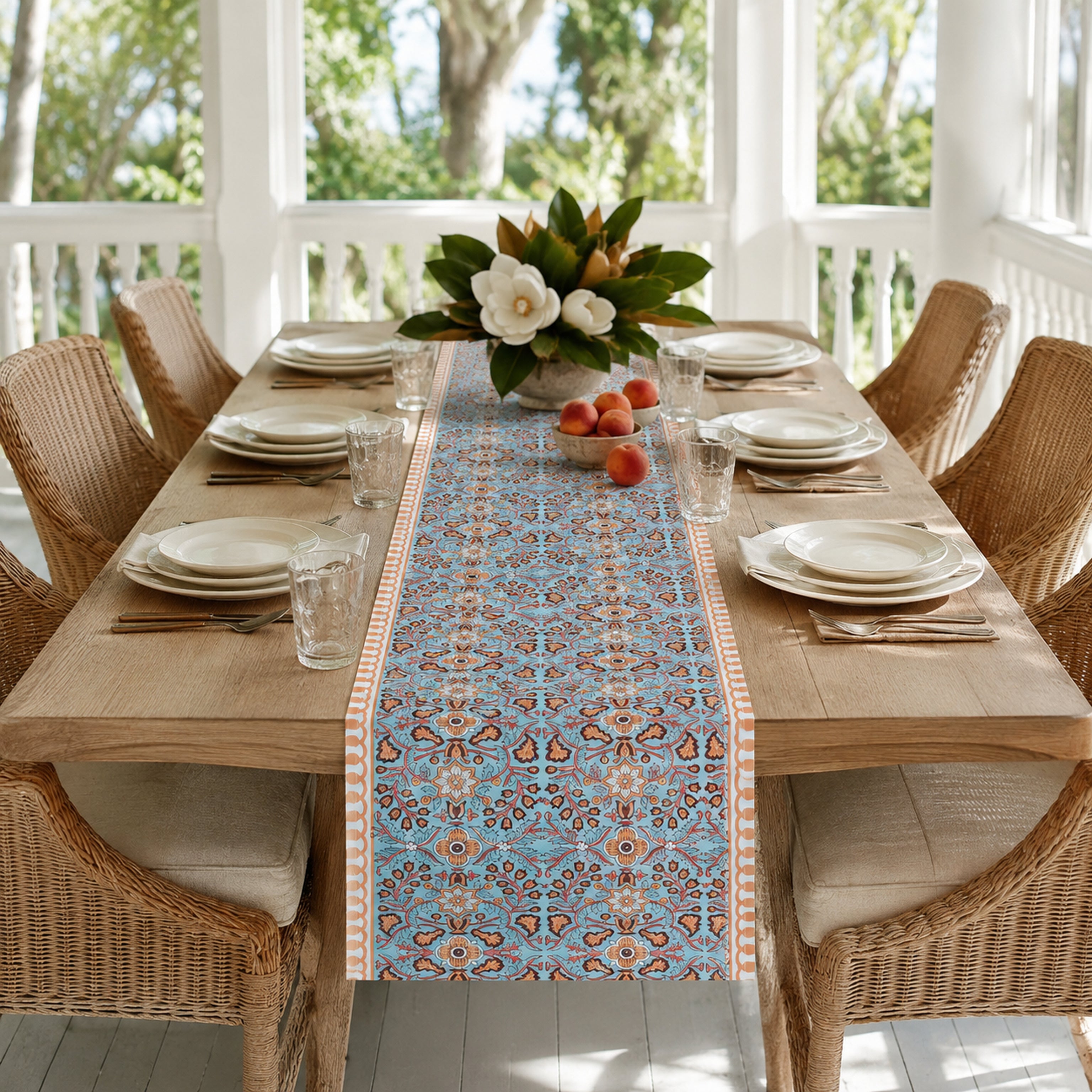 Turquoise Coral Arabesque Table Runner, styled on a dining table.