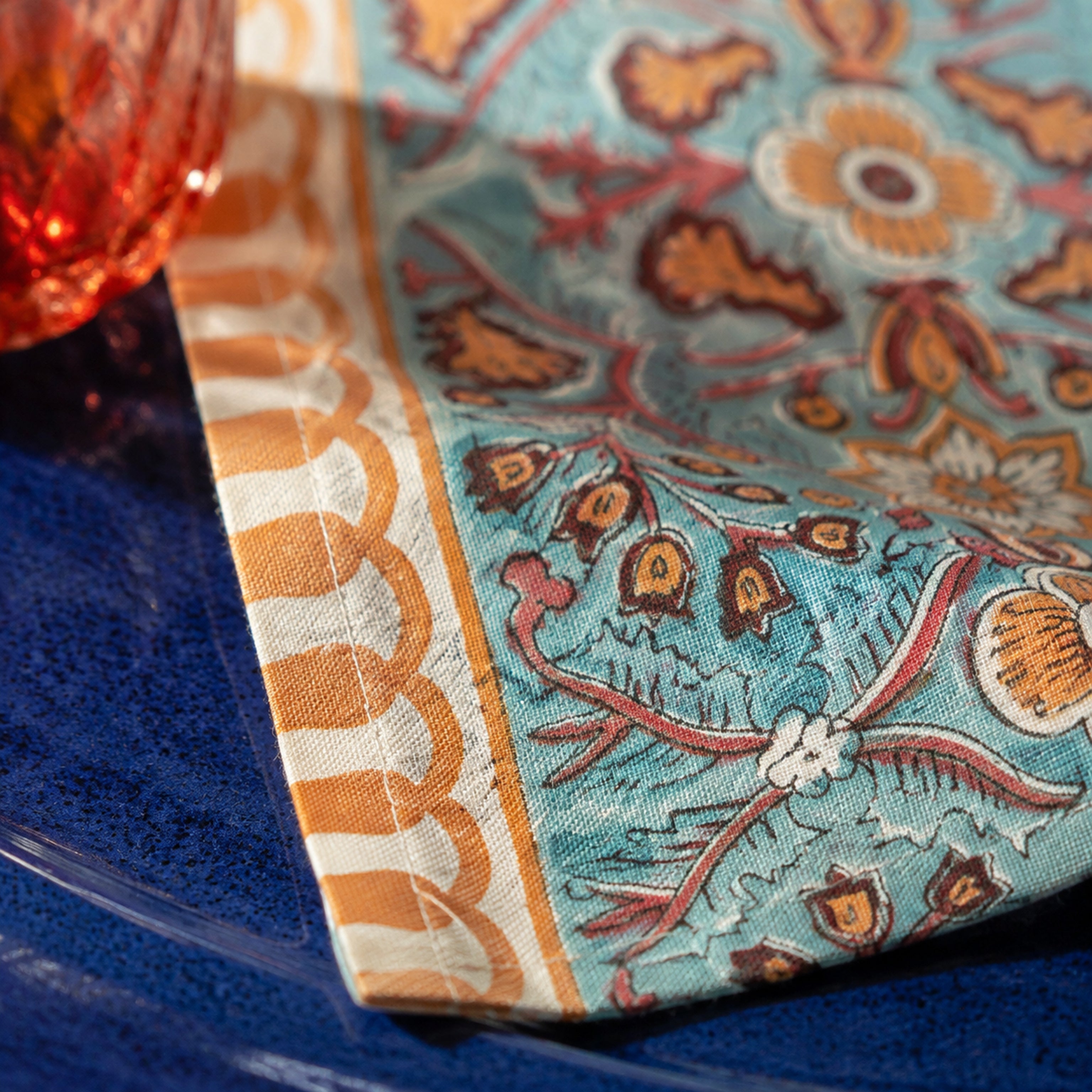 Turquoise Coral Arabesque Table Runner, close-up of the print and edge details.