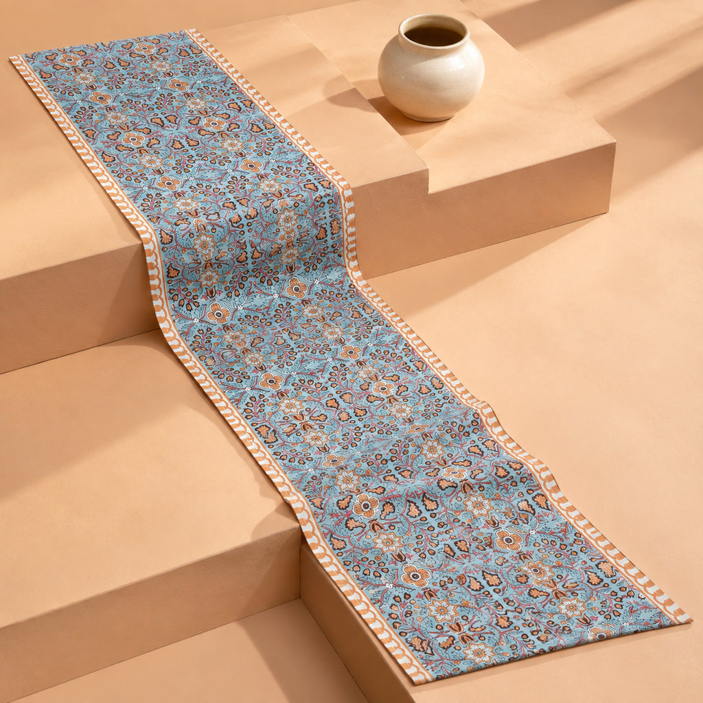 Turquoise Coral Arabesque Table Runner, full-length product view.