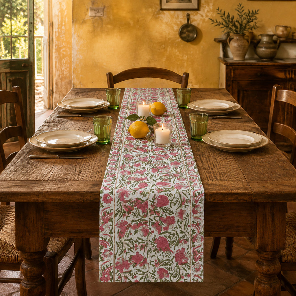 Pink Tulip Garden Table Runner, styled on a dining table.