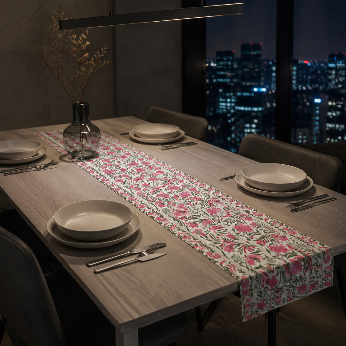 Pink Tulip Garden Table Runner, styled on a dining table.