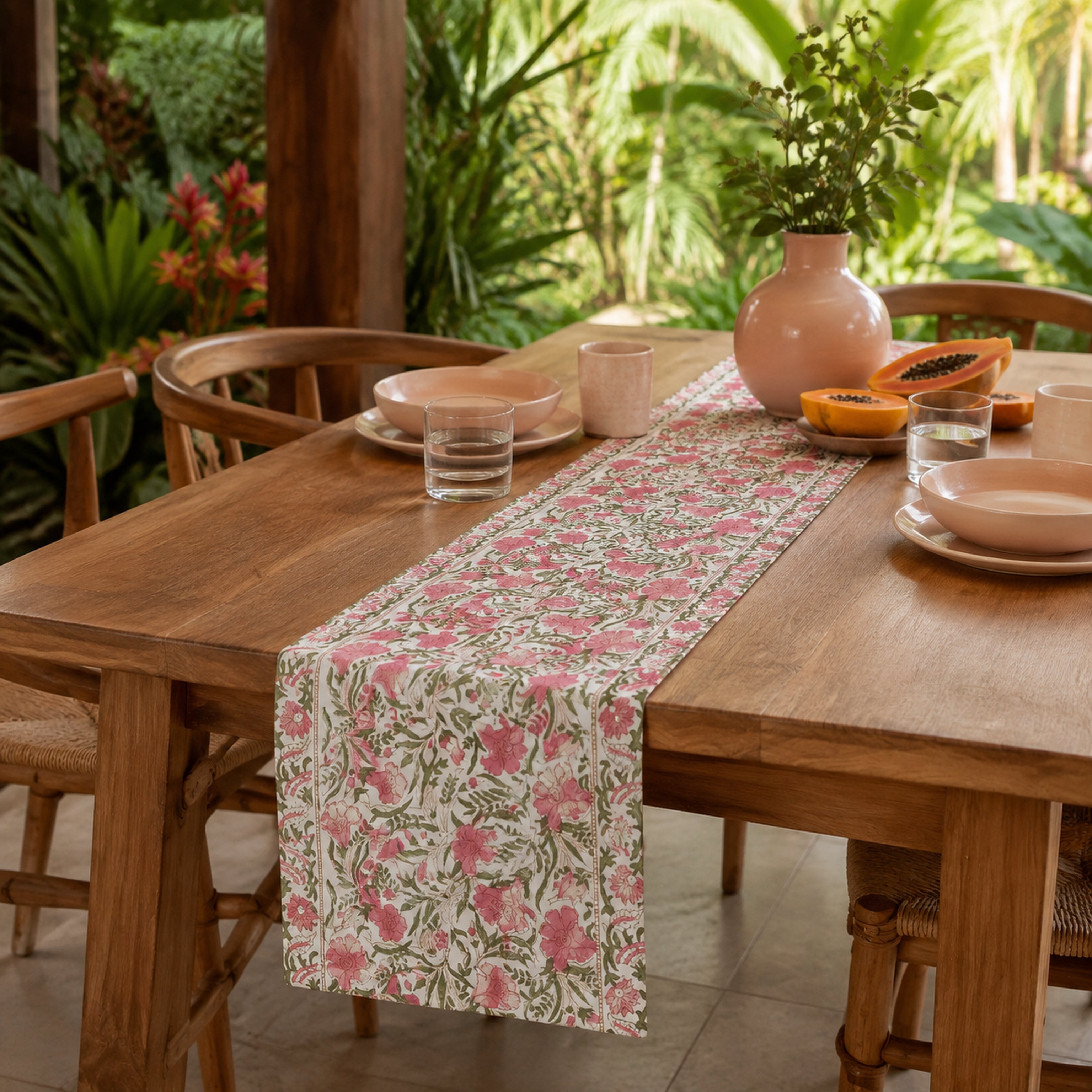 Pink Tulip Garden Table Runner, styled on a dining table.