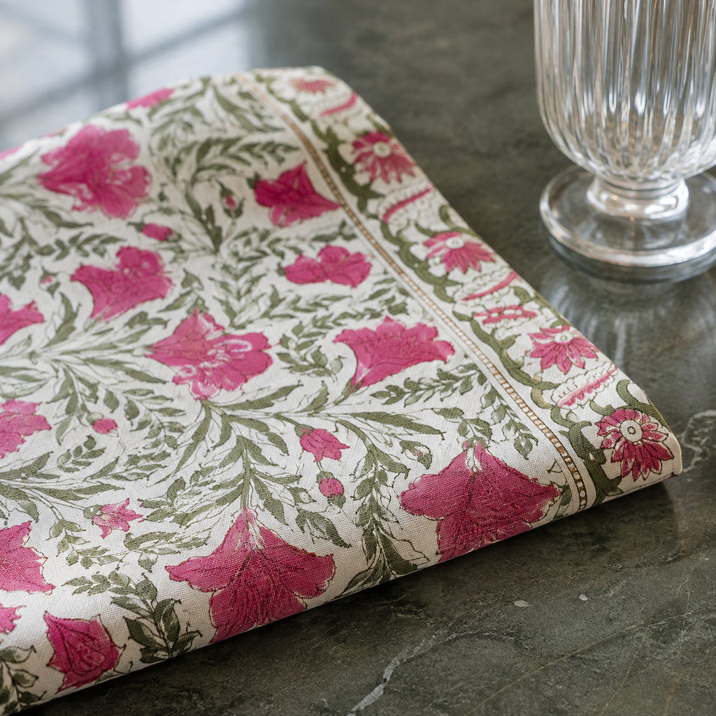 Pink Tulip Garden Table Runner, close-up of the print and edge details.