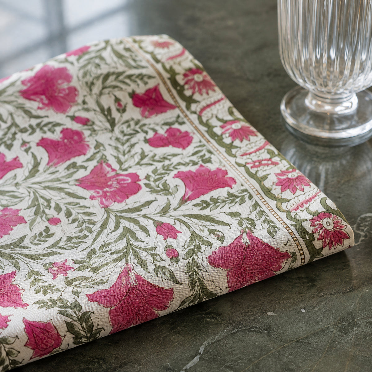 Pink Tulip Garden Table Runner, close-up of the print and edge details.