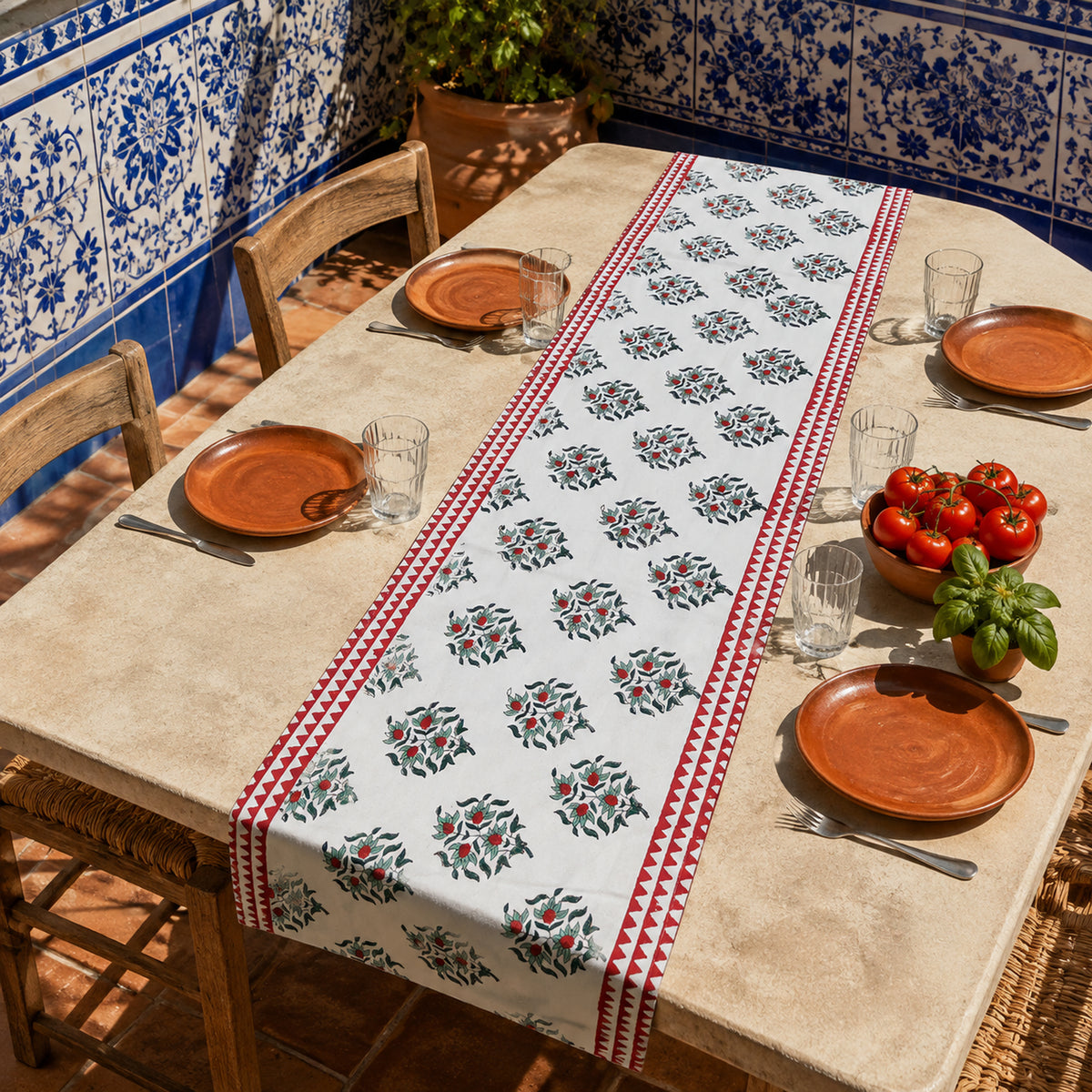 Red Border Mini Floral Table Runner, styled on a dining table.