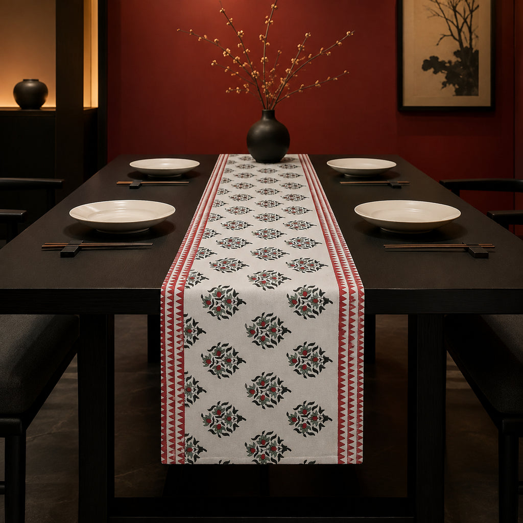 Red Border Mini Floral Table Runner, styled on a dining table.