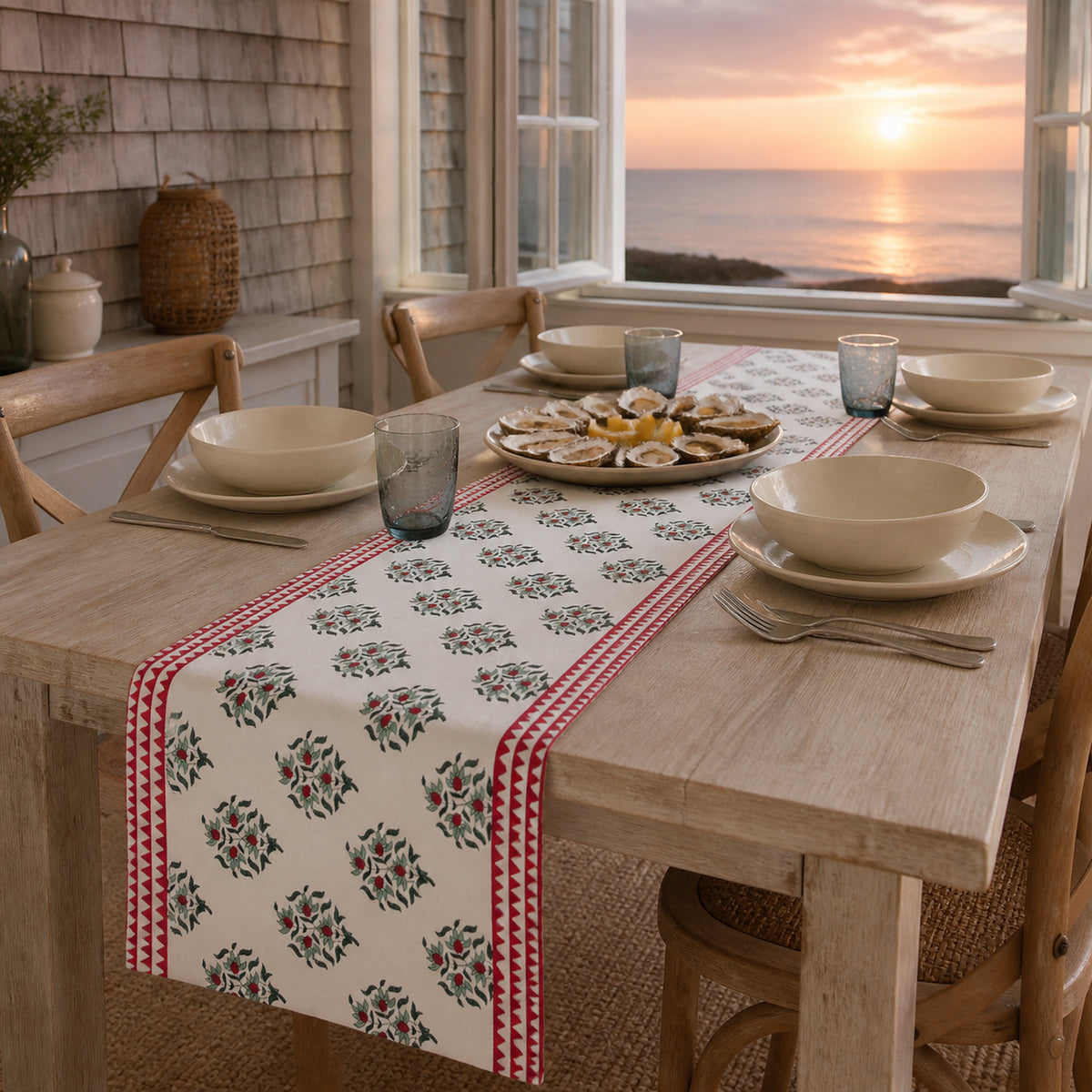 Red Border Mini Floral Table Runner, styled on a dining table.