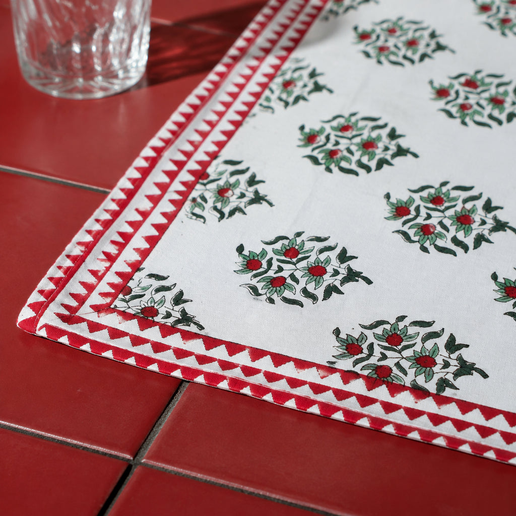 Red Border Mini Floral Table Runner, close-up of the print and edge details.