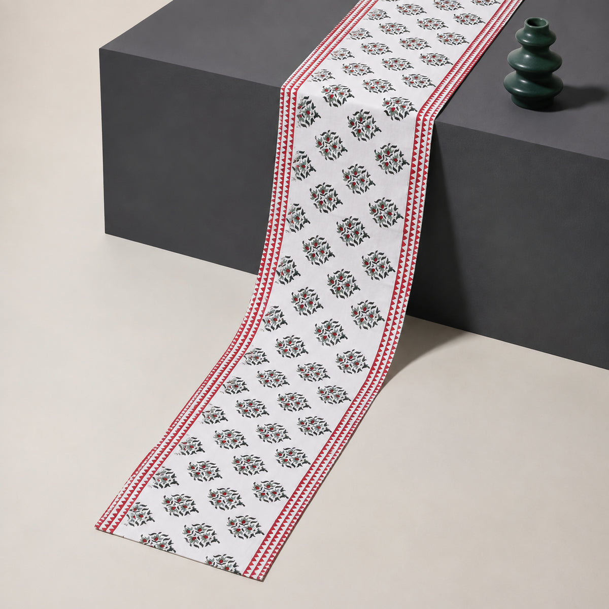 Red Border Mini Floral Table Runner, full-length product view.