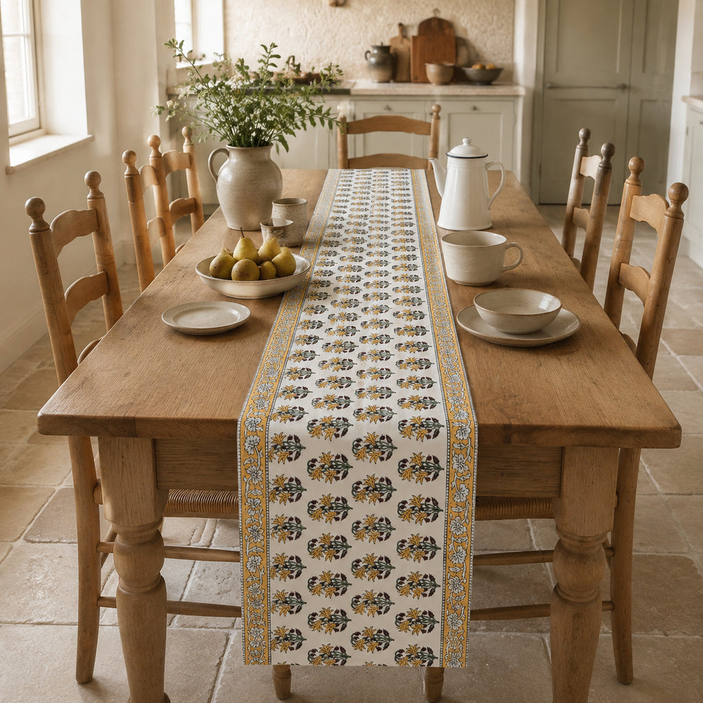 Ochre Border Marigold Table Runner, styled on a dining table.