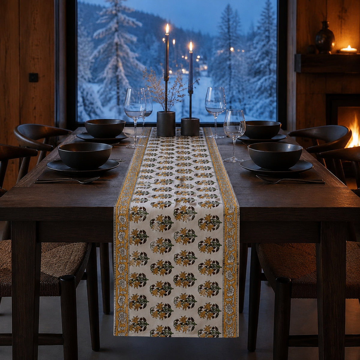 Ochre Border Marigold Table Runner, styled on a dining table.