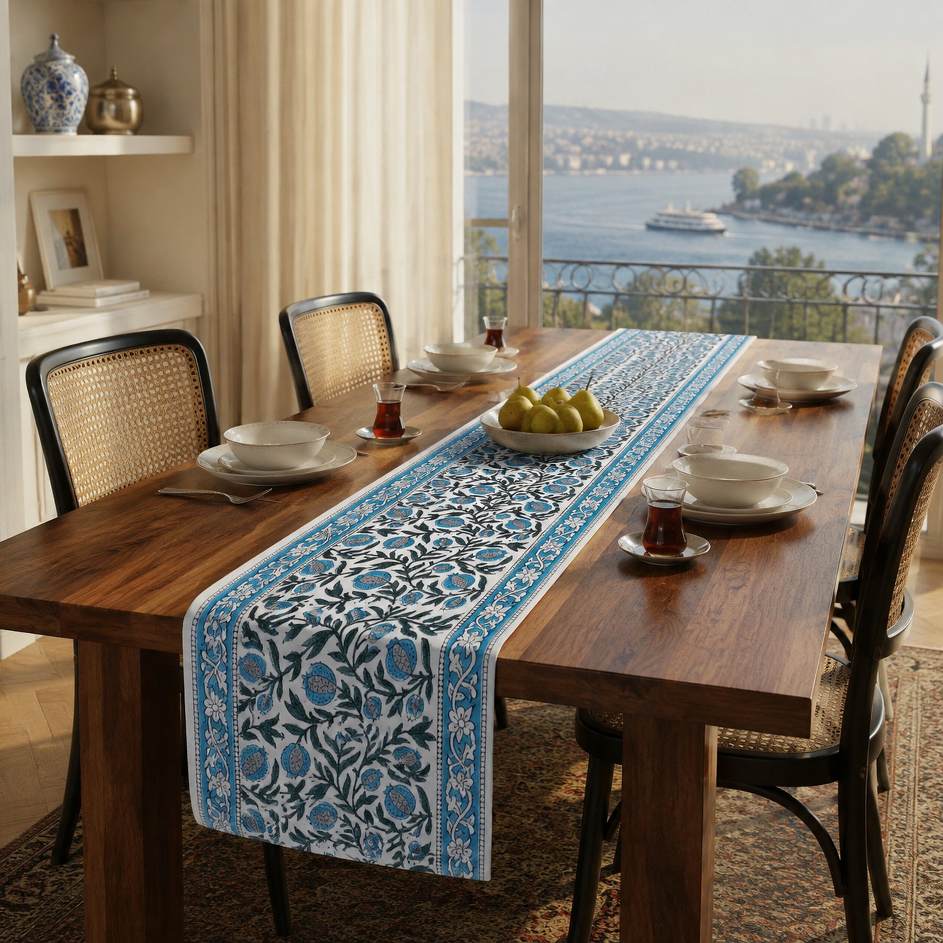 Teal Black Botanical Table Runner, styled on a dining table.