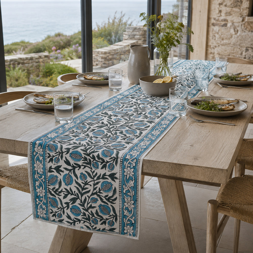 Teal Black Botanical Table Runner, styled on a dining table.