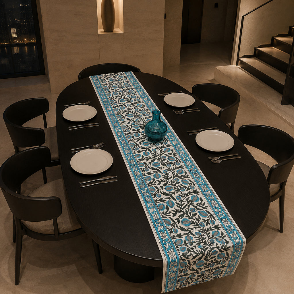 Teal Black Botanical Table Runner, styled on a dining table.