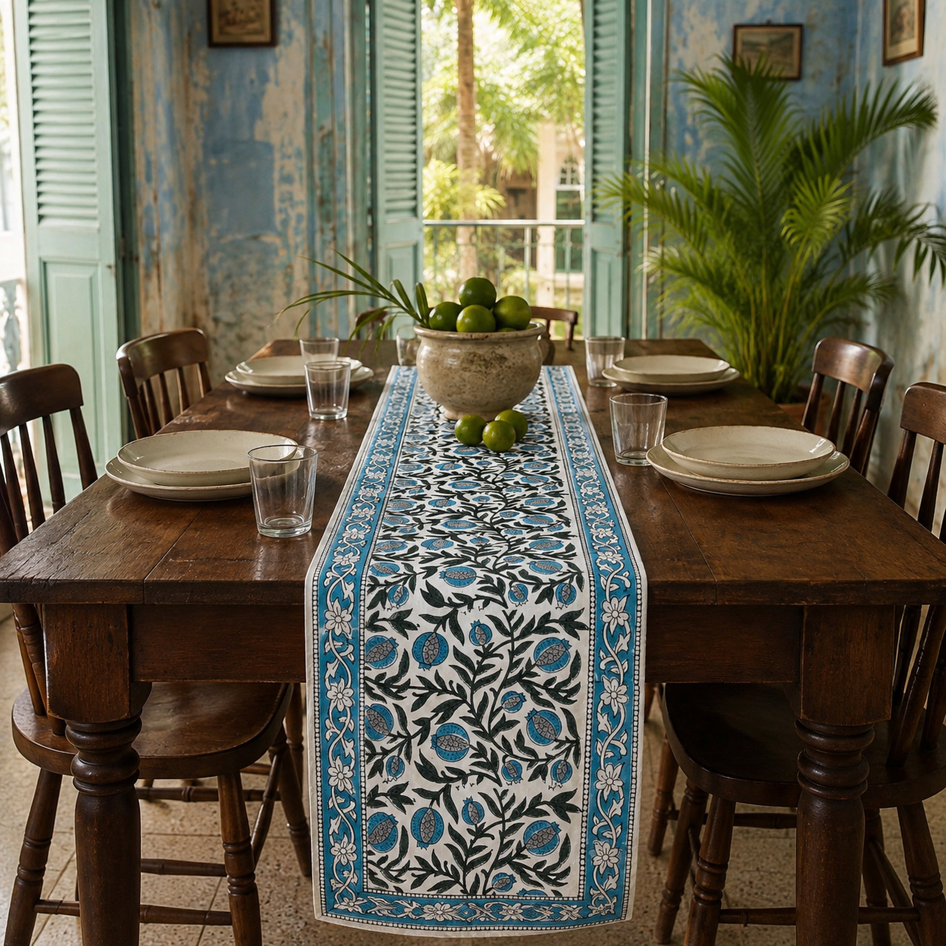 Teal Black Botanical Table Runner, styled on a dining table.