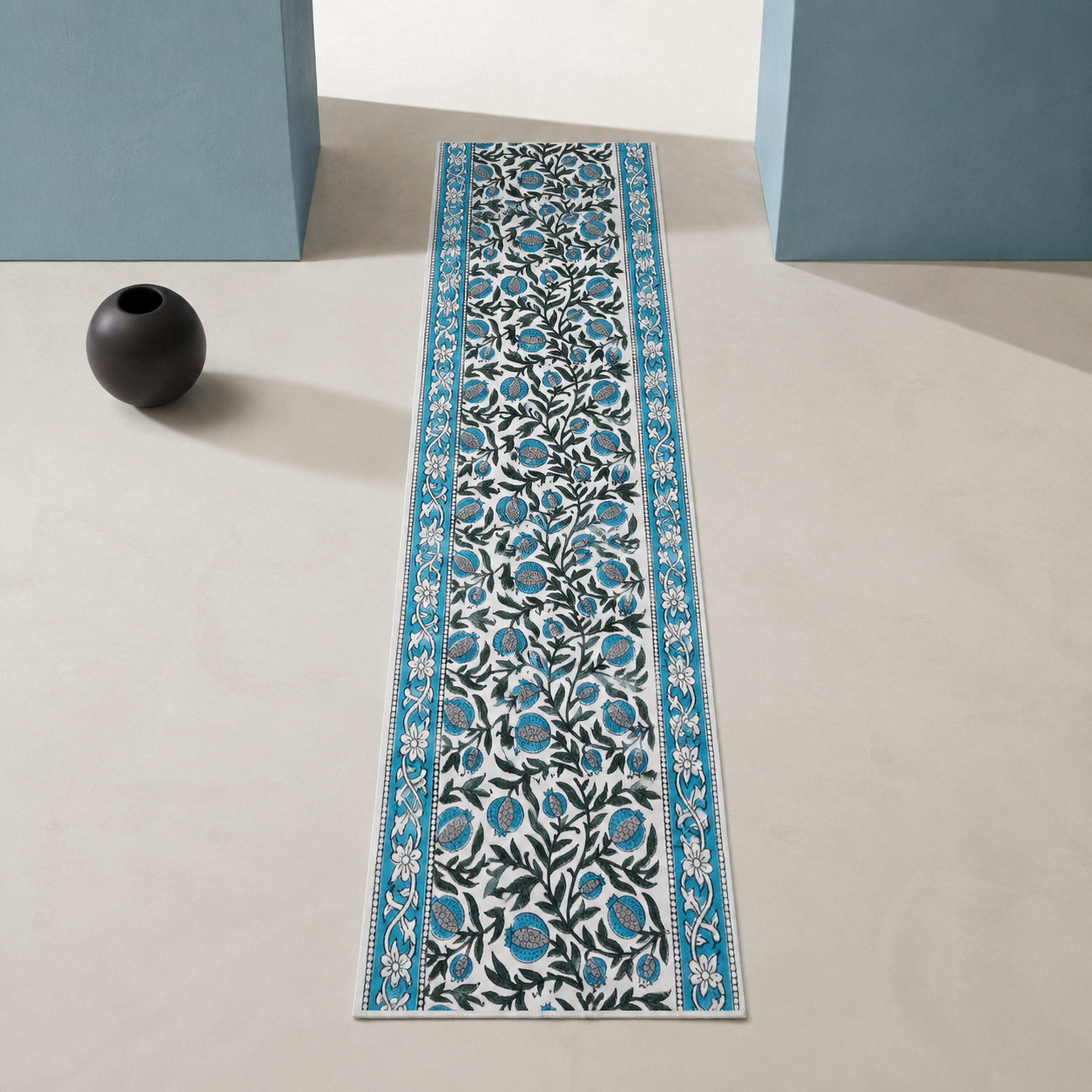 Teal Black Botanical Table Runner, full-length product view.