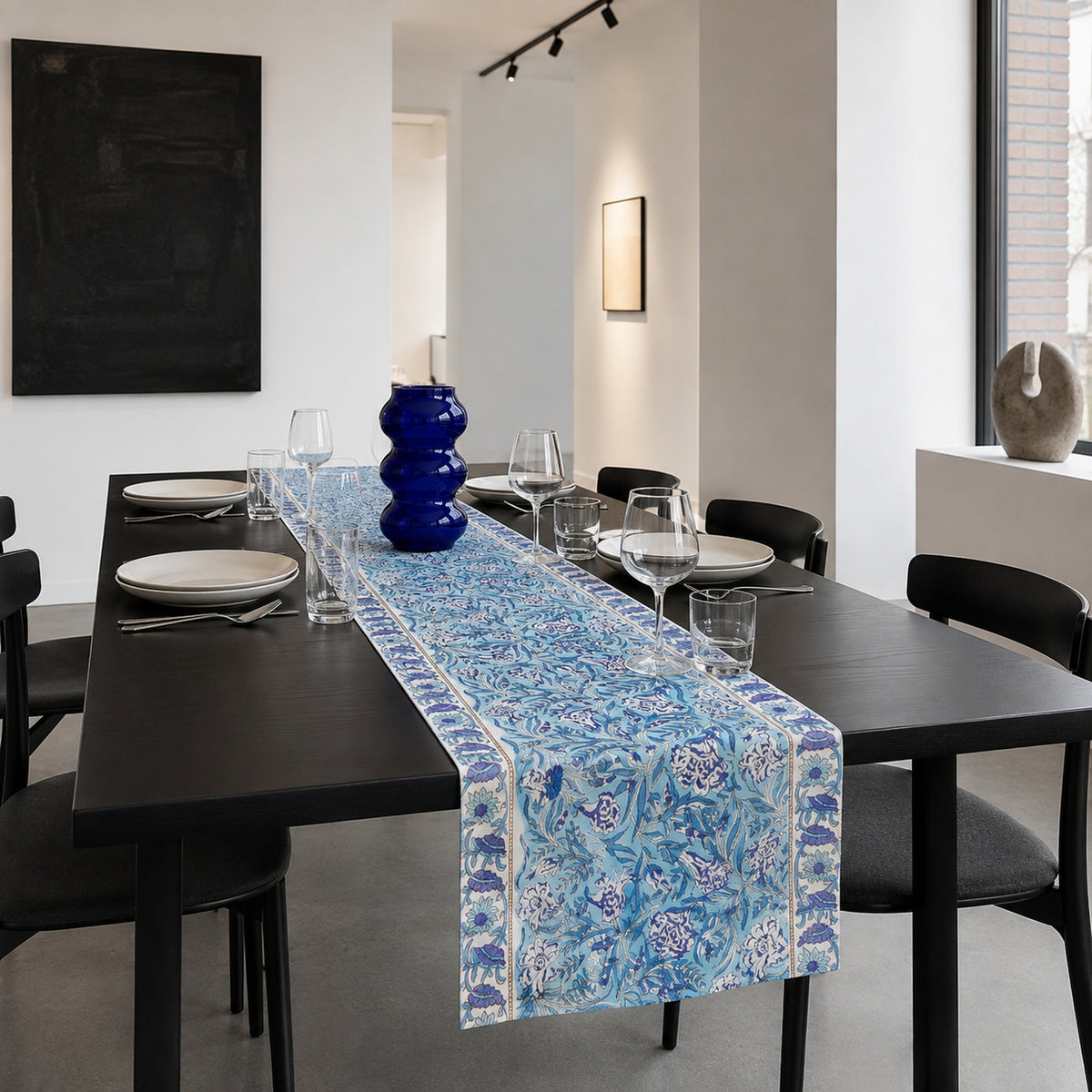 Periwinkle Wildflower Table Runner, styled on a dining table.