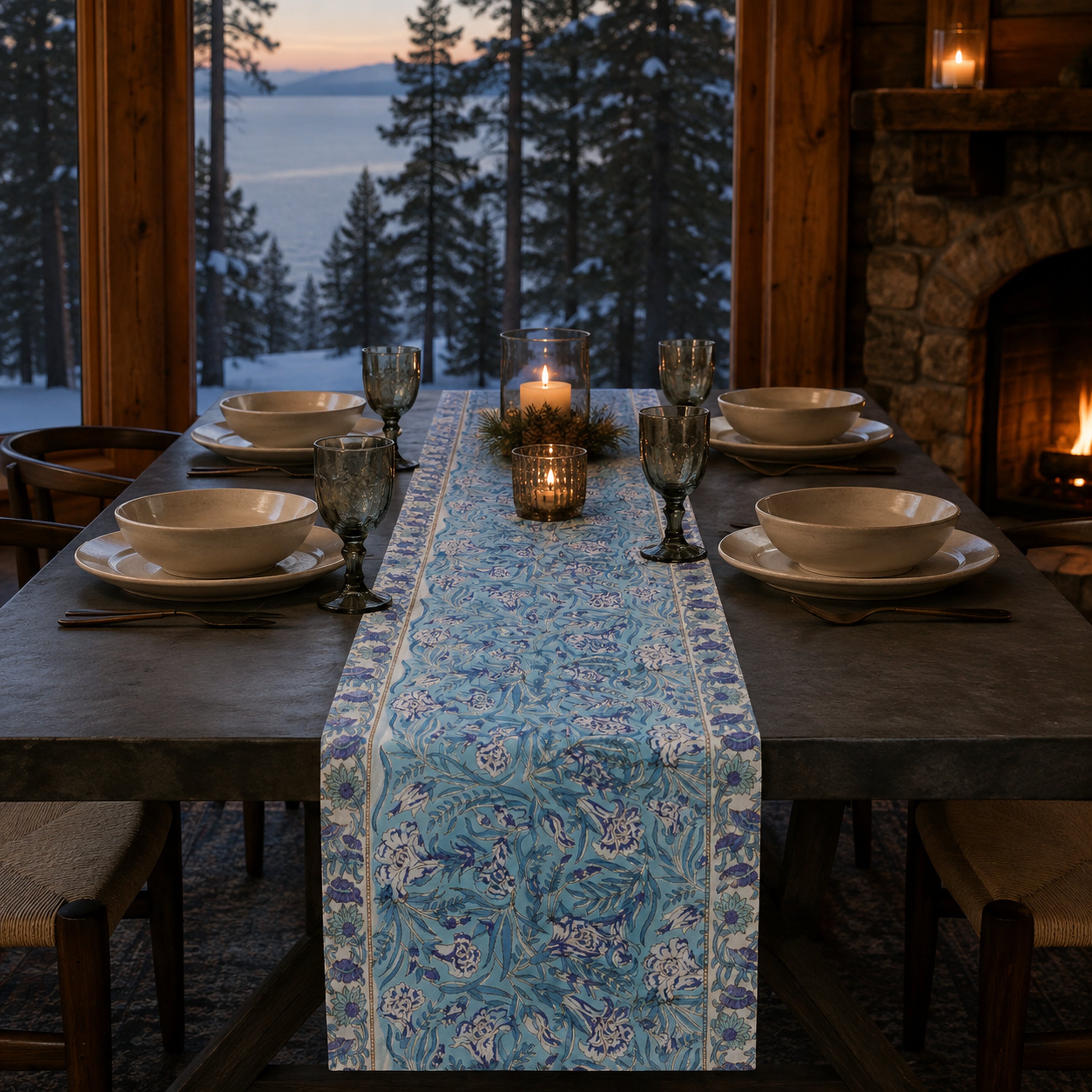 Periwinkle Wildflower Table Runner, styled on a dining table.
