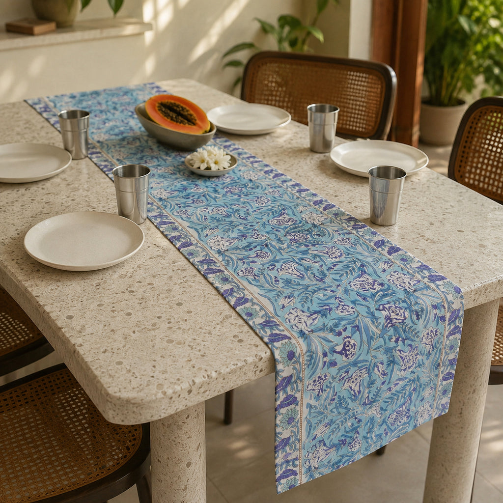 Periwinkle Wildflower Table Runner, styled on a dining table.