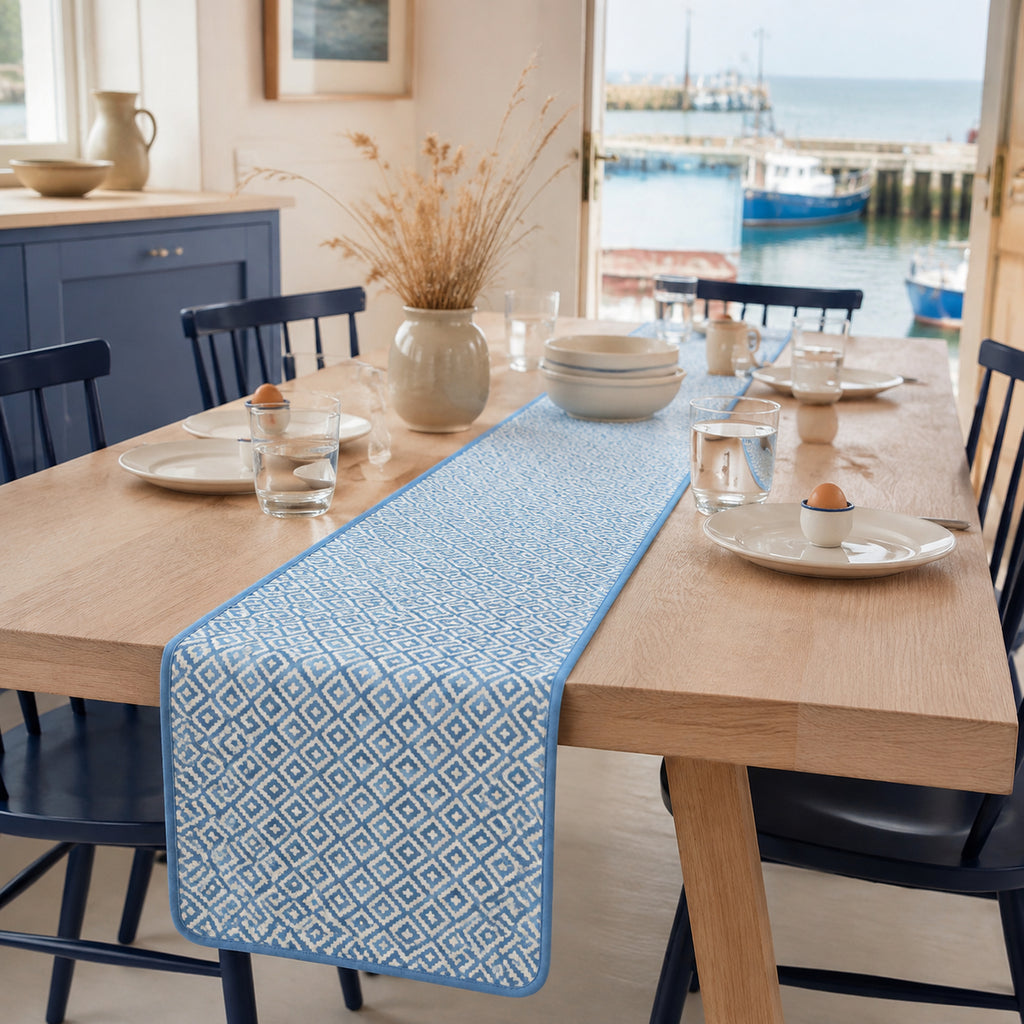 Sky Blue Diamond Geometric Table Runner, styled on a dining table.