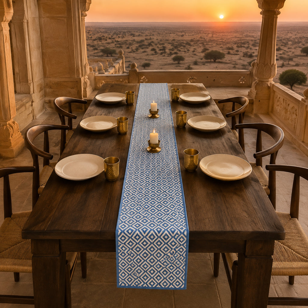 Sky Blue Diamond Geometric Table Runner, styled on a dining table.