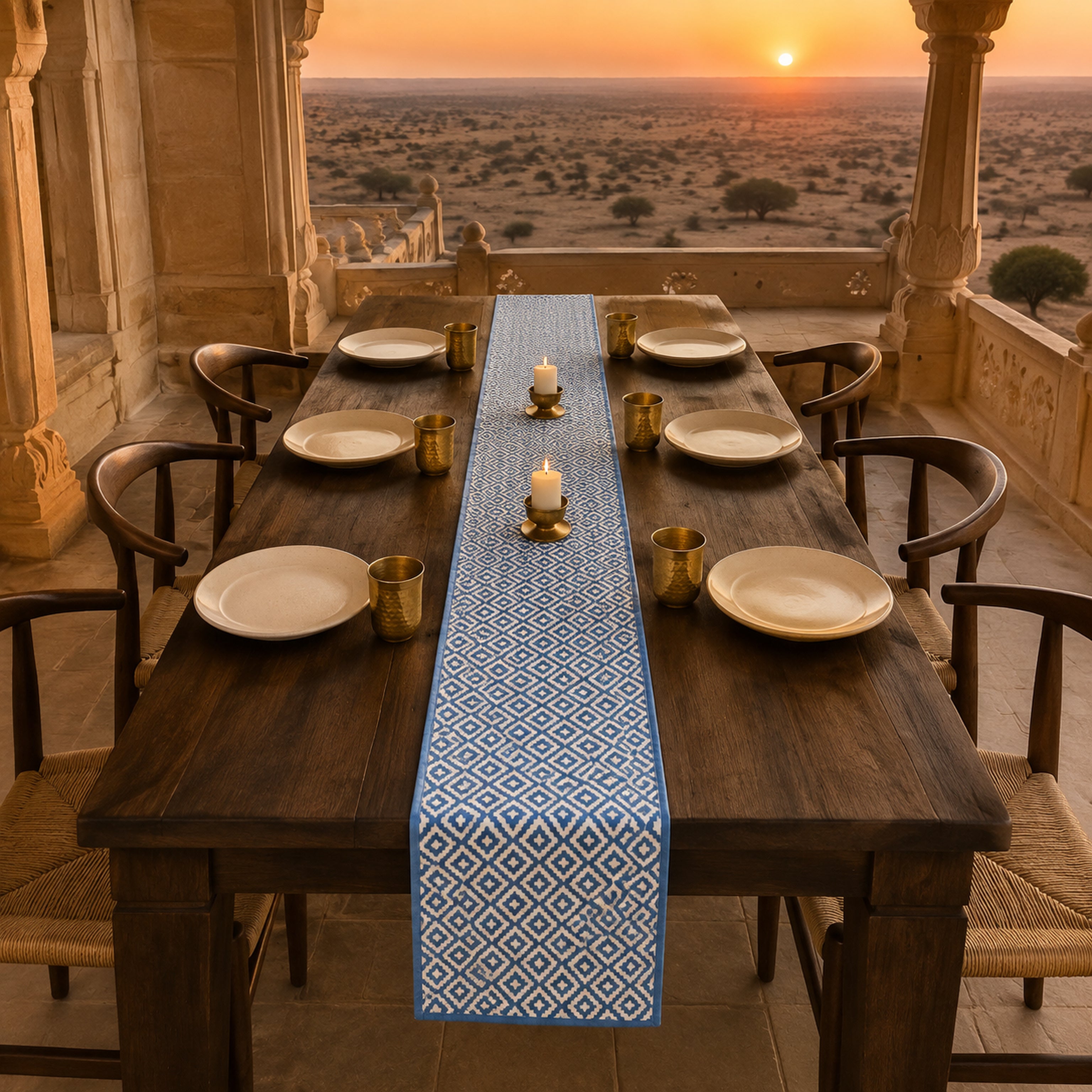 Sky Blue Diamond Geometric Table Runner, styled on a dining table.