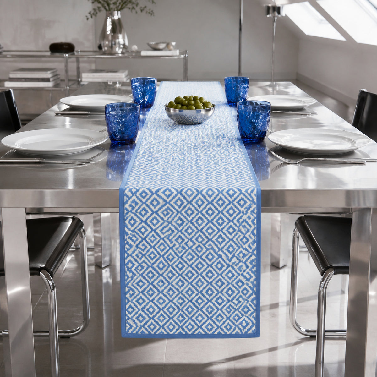 Sky Blue Diamond Geometric Table Runner, styled on a dining table.