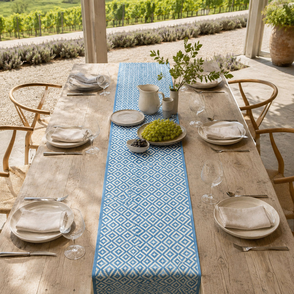Sky Blue Diamond Geometric Table Runner, styled on a dining table.