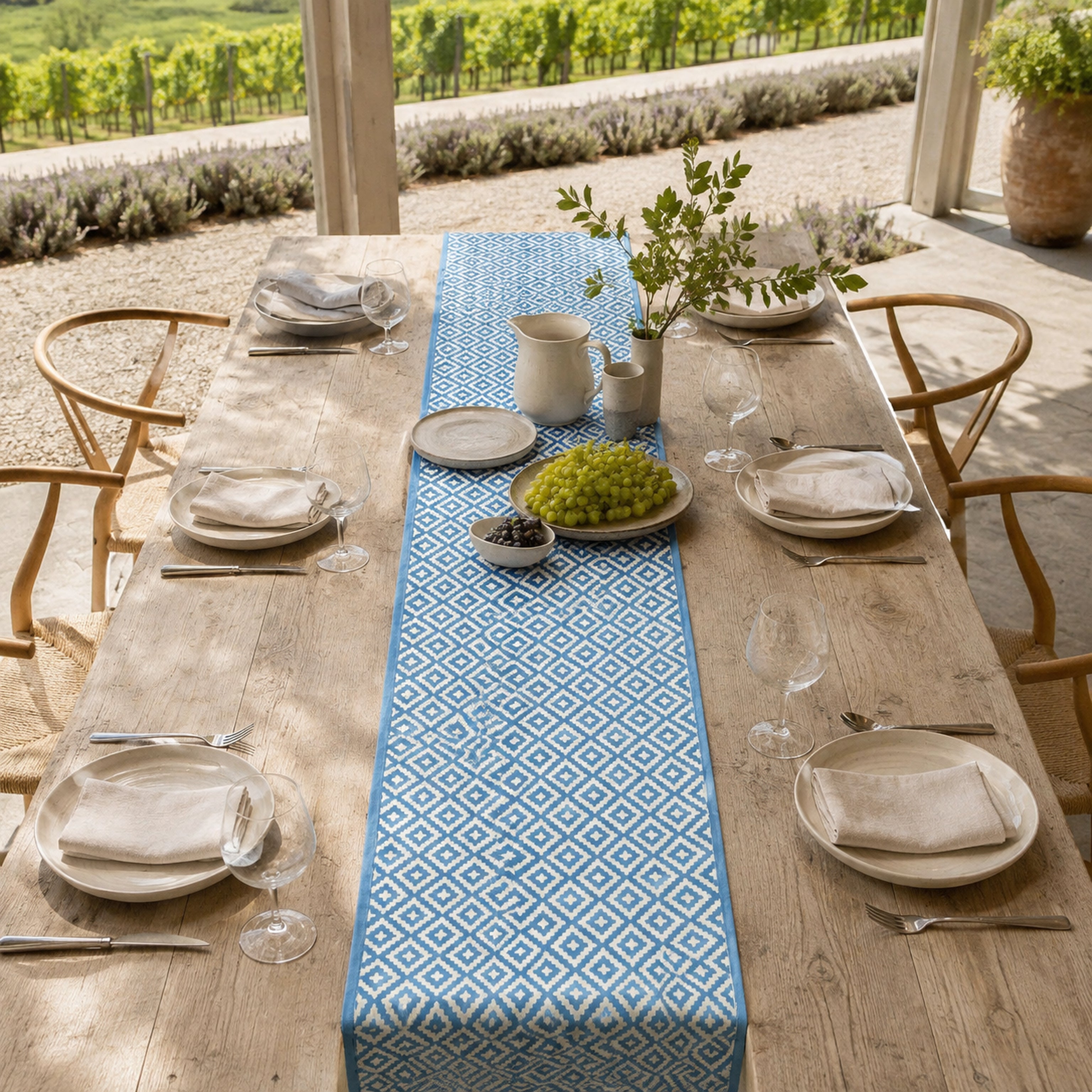 Sky Blue Diamond Geometric Table Runner, styled on a dining table.