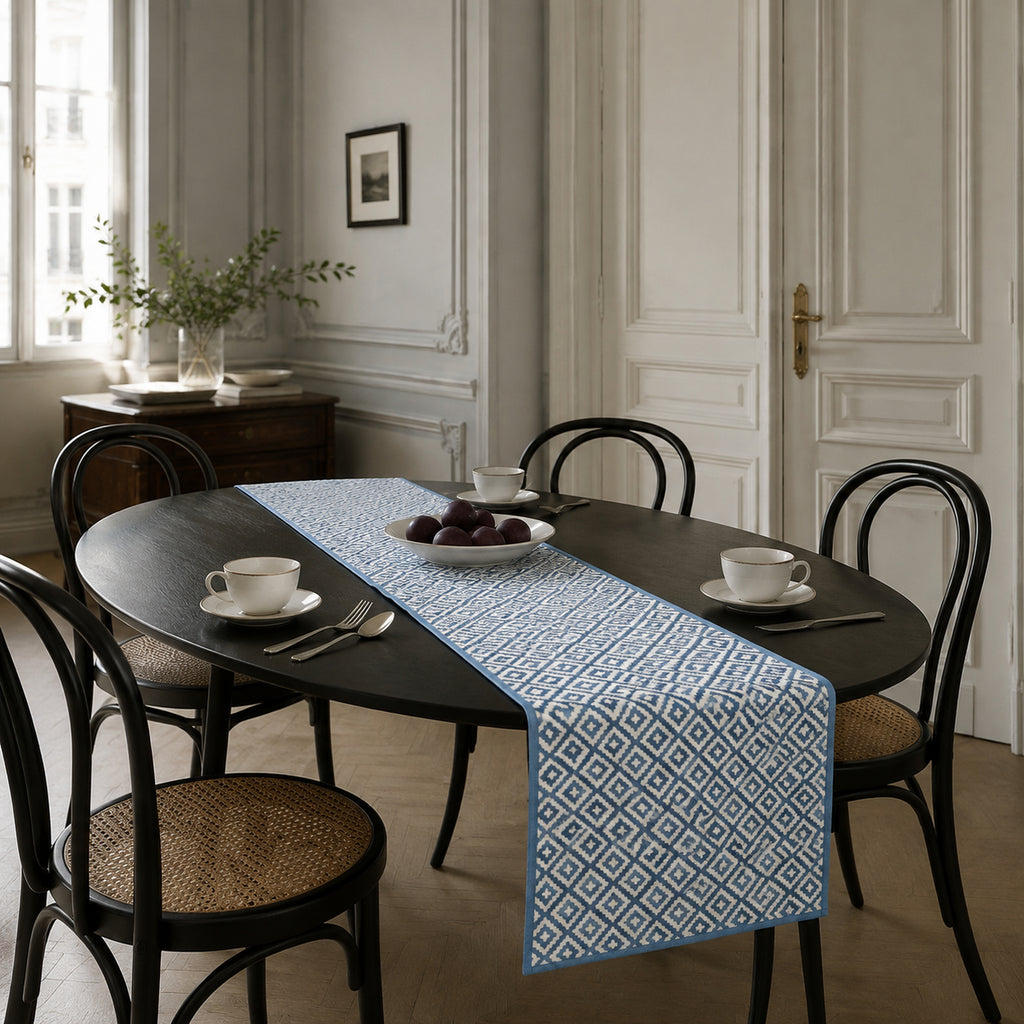 Sky Blue Diamond Geometric Table Runner, styled on a dining table.