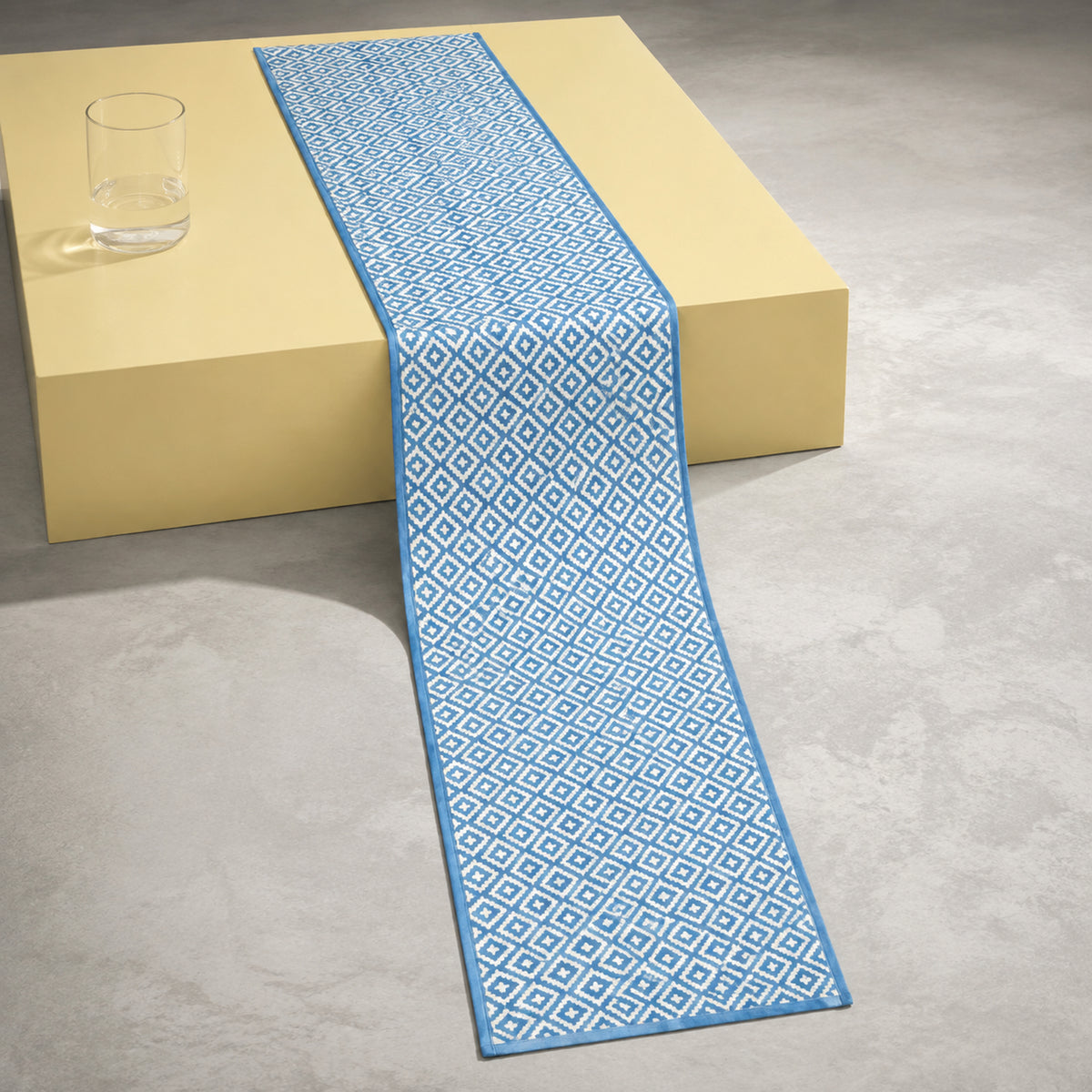 Sky Blue Diamond Geometric Table Runner, full-length product view.