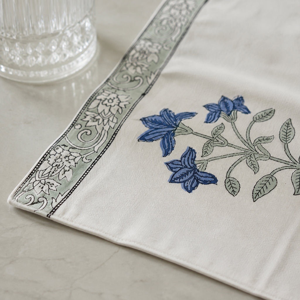 Blue Lily Sage Border Table Runner, close-up of the print and edge details.