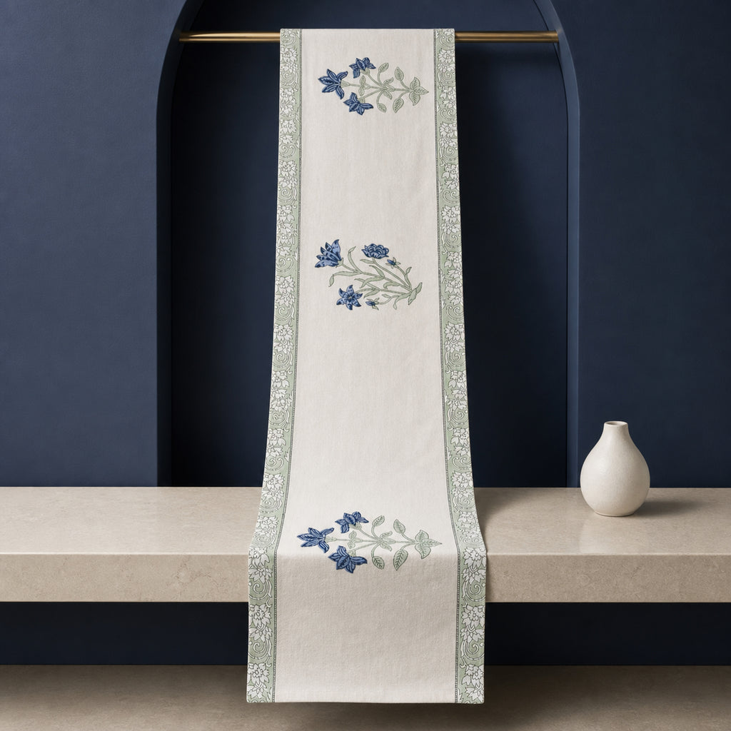 Blue Lily Sage Border Table Runner, full-length product view.