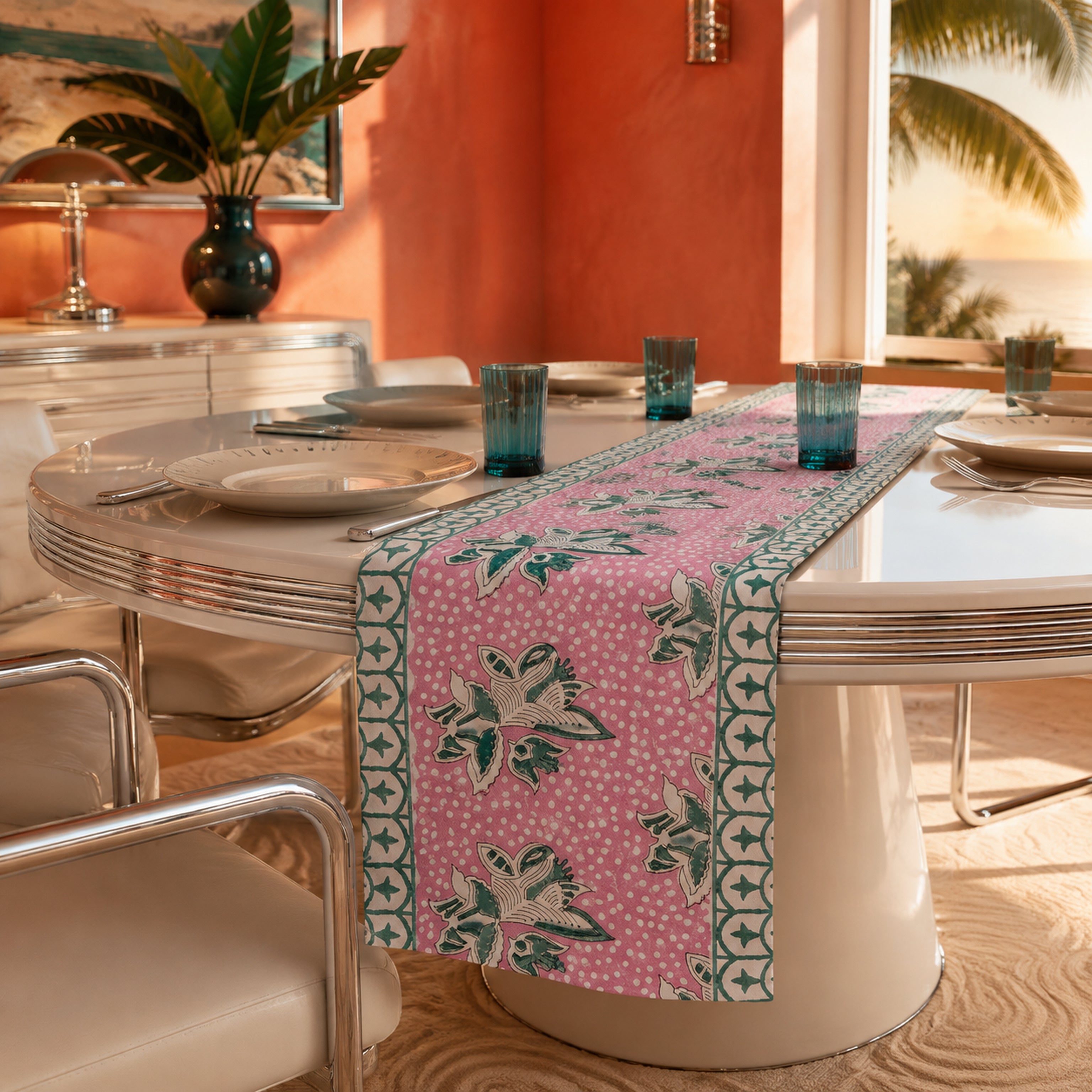 Pink Lily Teal Border Table Runner, styled on a dining table.