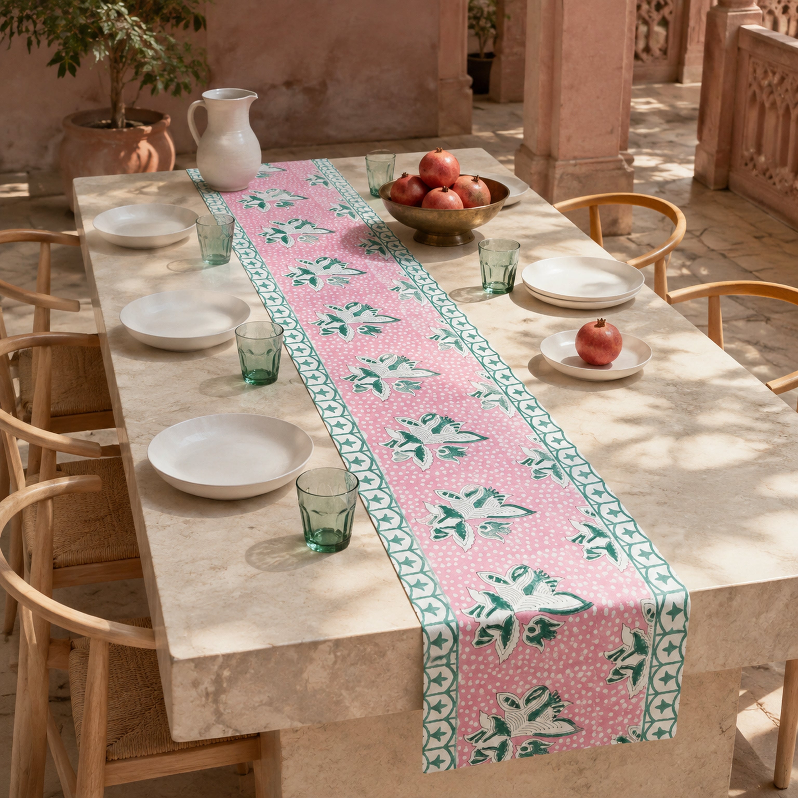 Pink Lily Teal Border Table Runner, styled on a dining table.