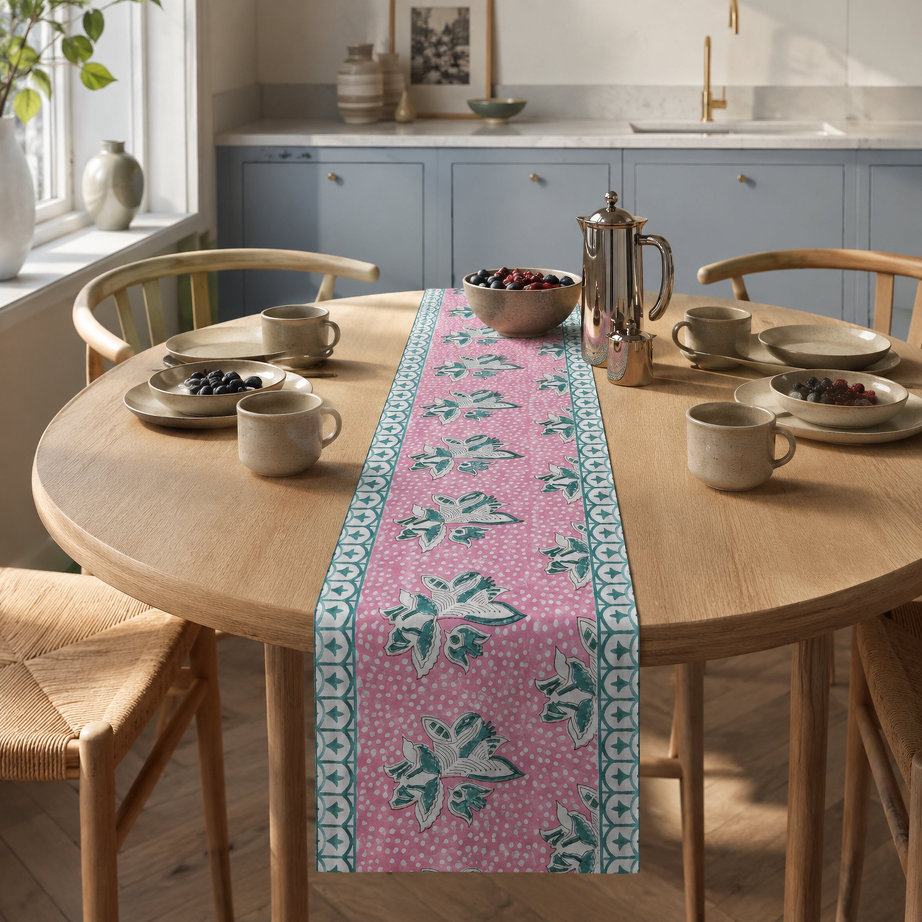 Pink Lily Teal Border Table Runner, styled on a dining table.