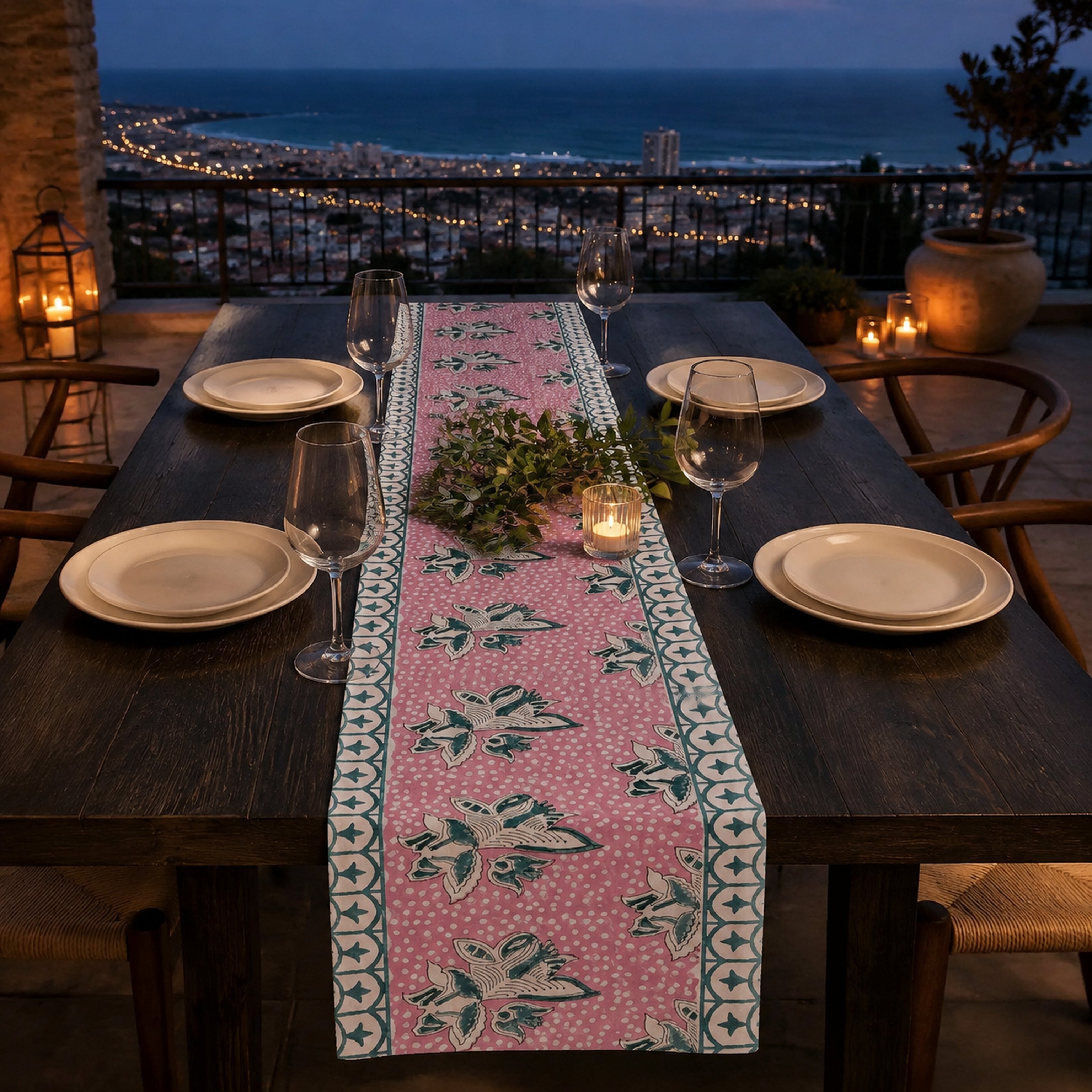 Pink Lily Teal Border Table Runner, styled on a dining table.