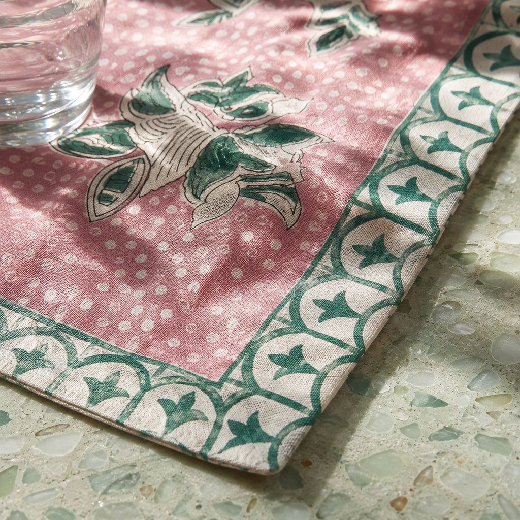 Pink Lily Teal Border Table Runner, close-up of the print and edge details.
