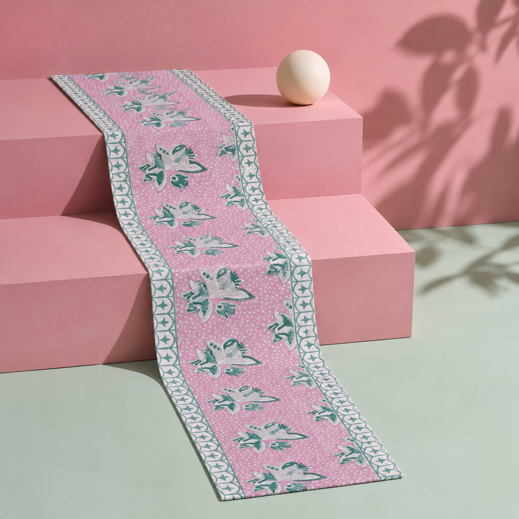 Pink Lily Teal Border Table Runner, full-length product view.