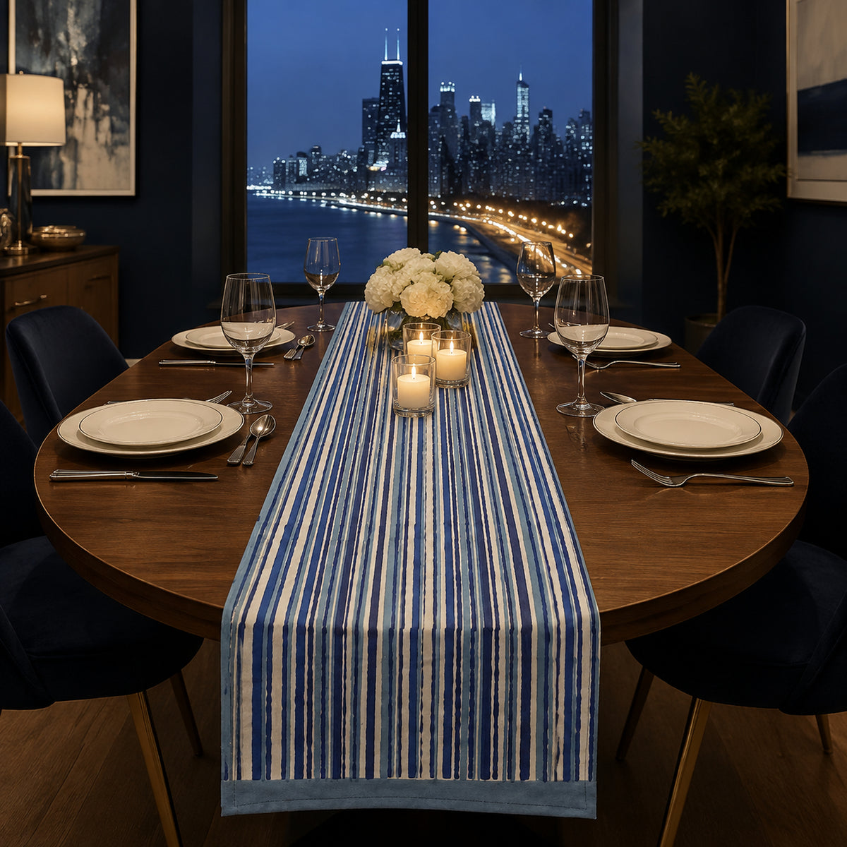 Indigo Stripe Table Runner, styled on a dining table.