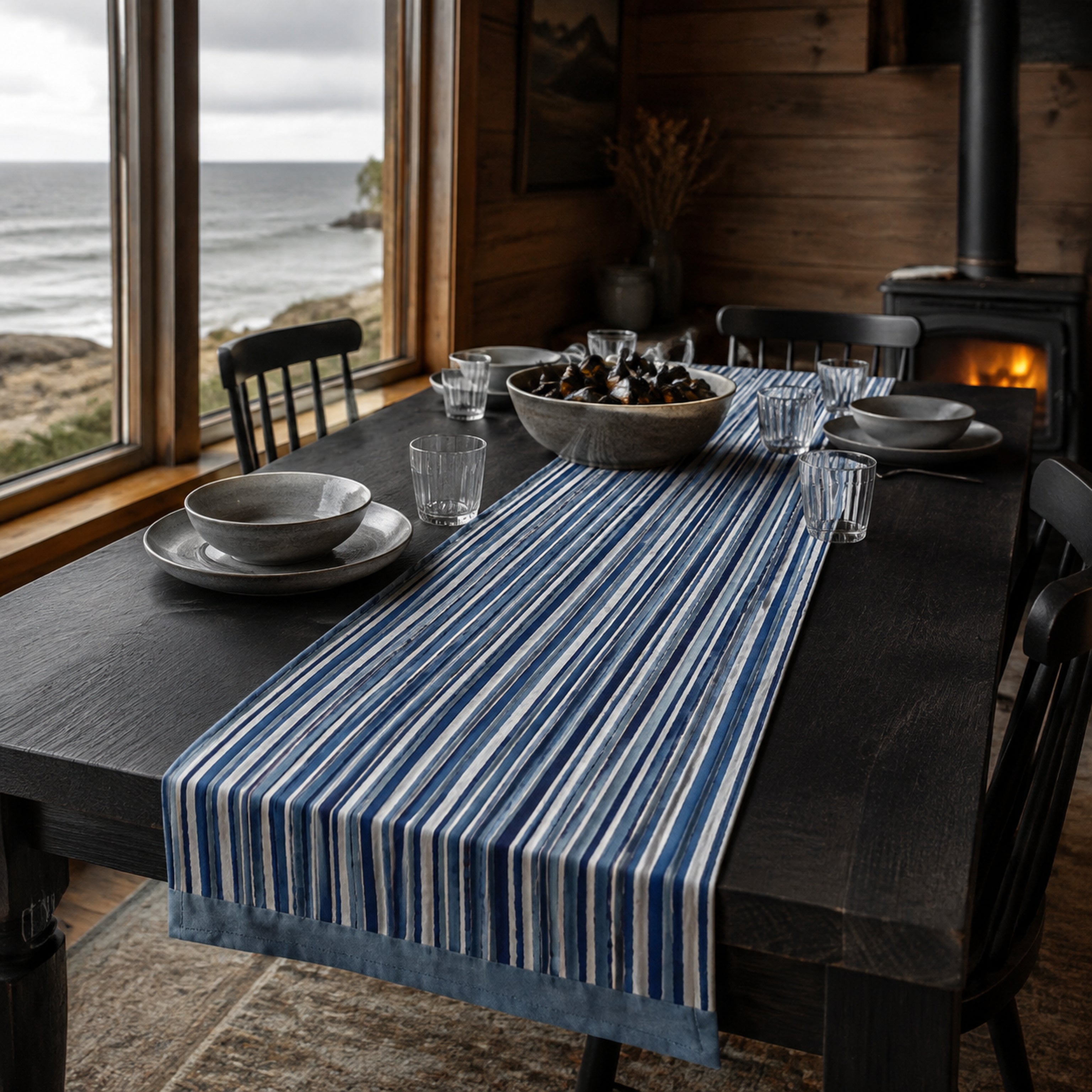 Indigo Stripe Table Runner, styled on a dining table.