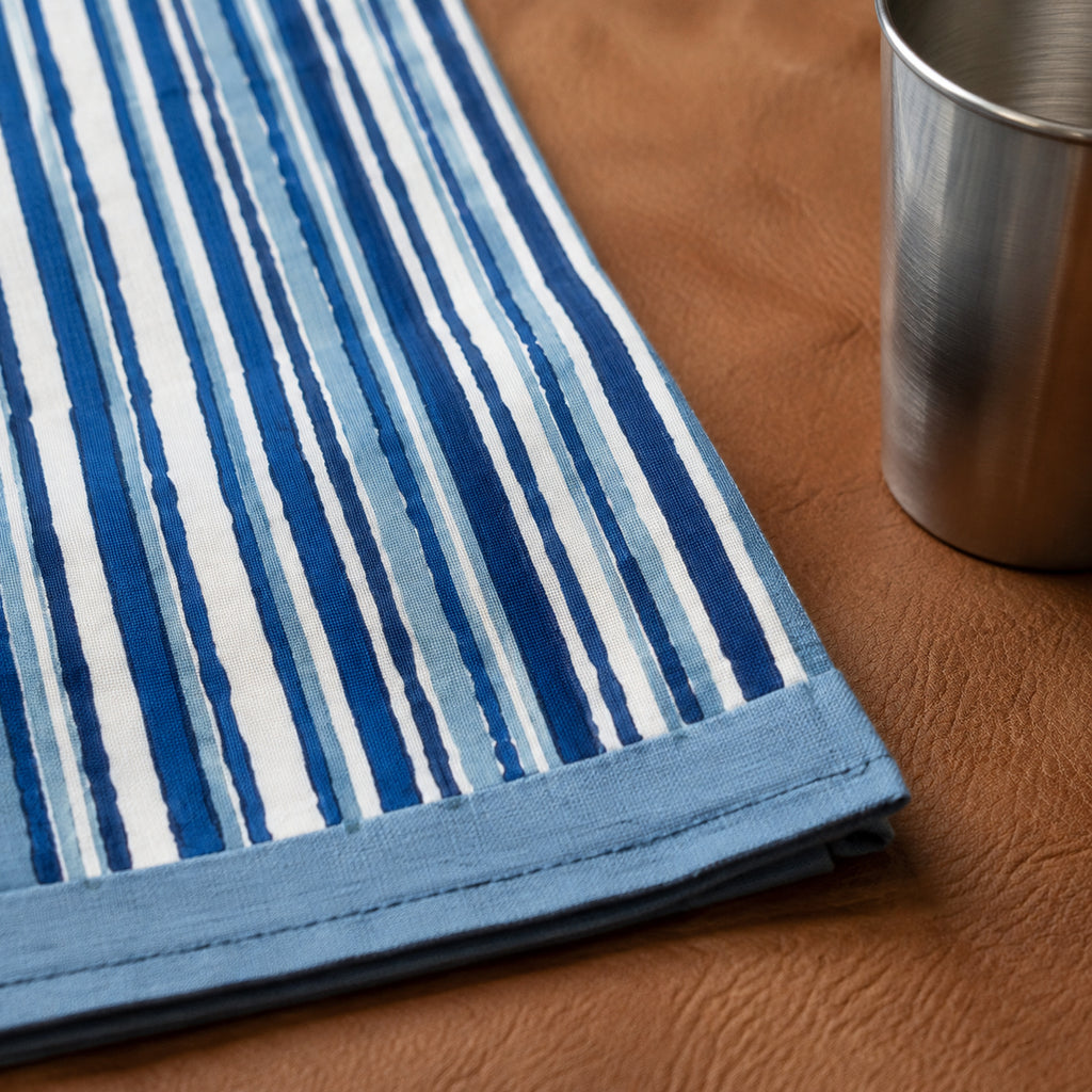 Indigo Stripe Table Runner, close-up of the print and edge details.