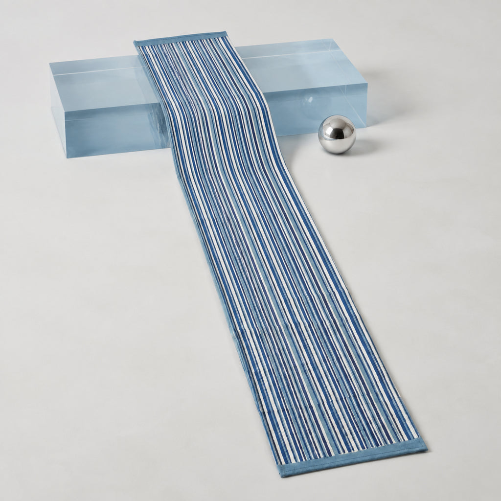 Indigo Stripe Table Runner, full-length product view.