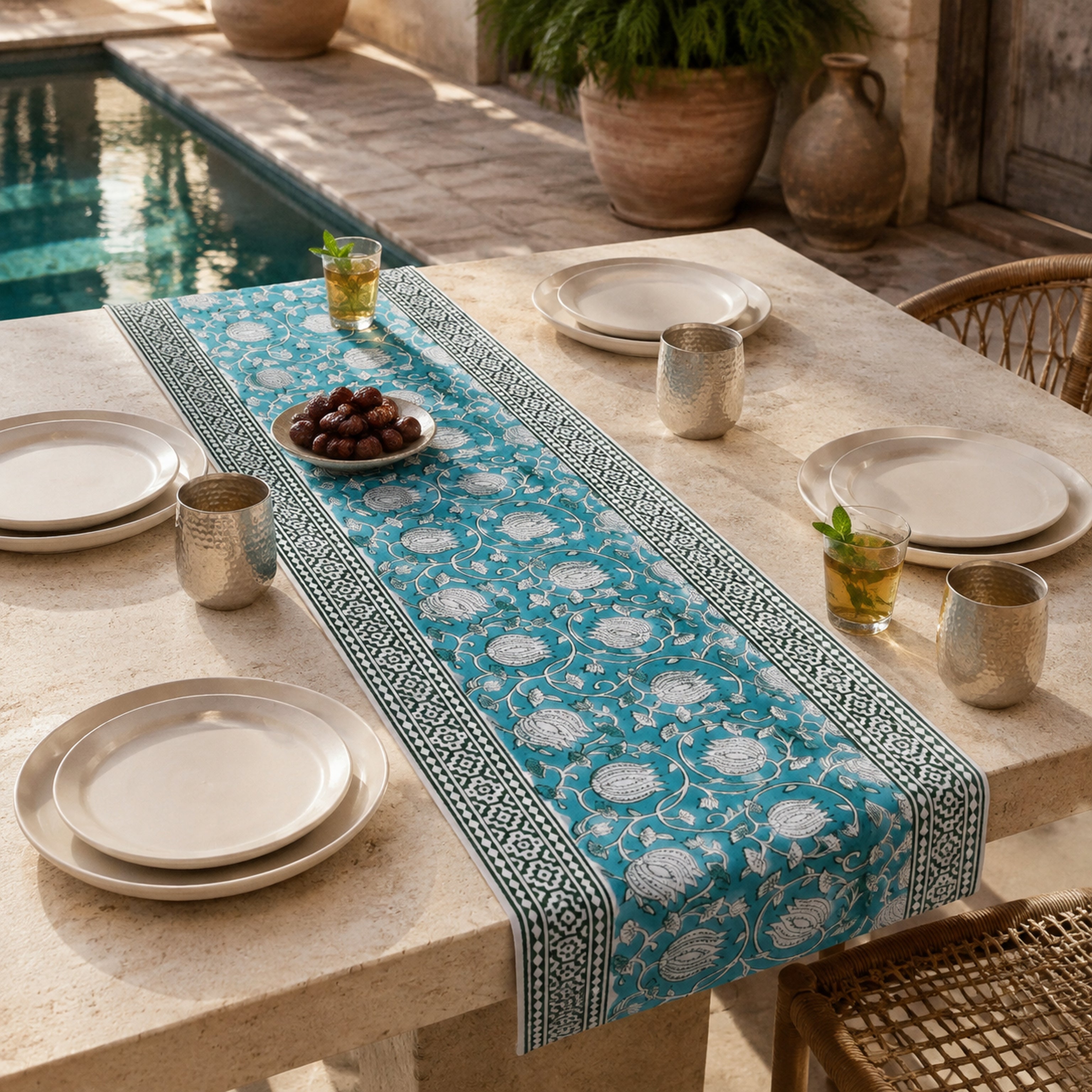 Teal Lotus Vine Table Runner, styled on a dining table.