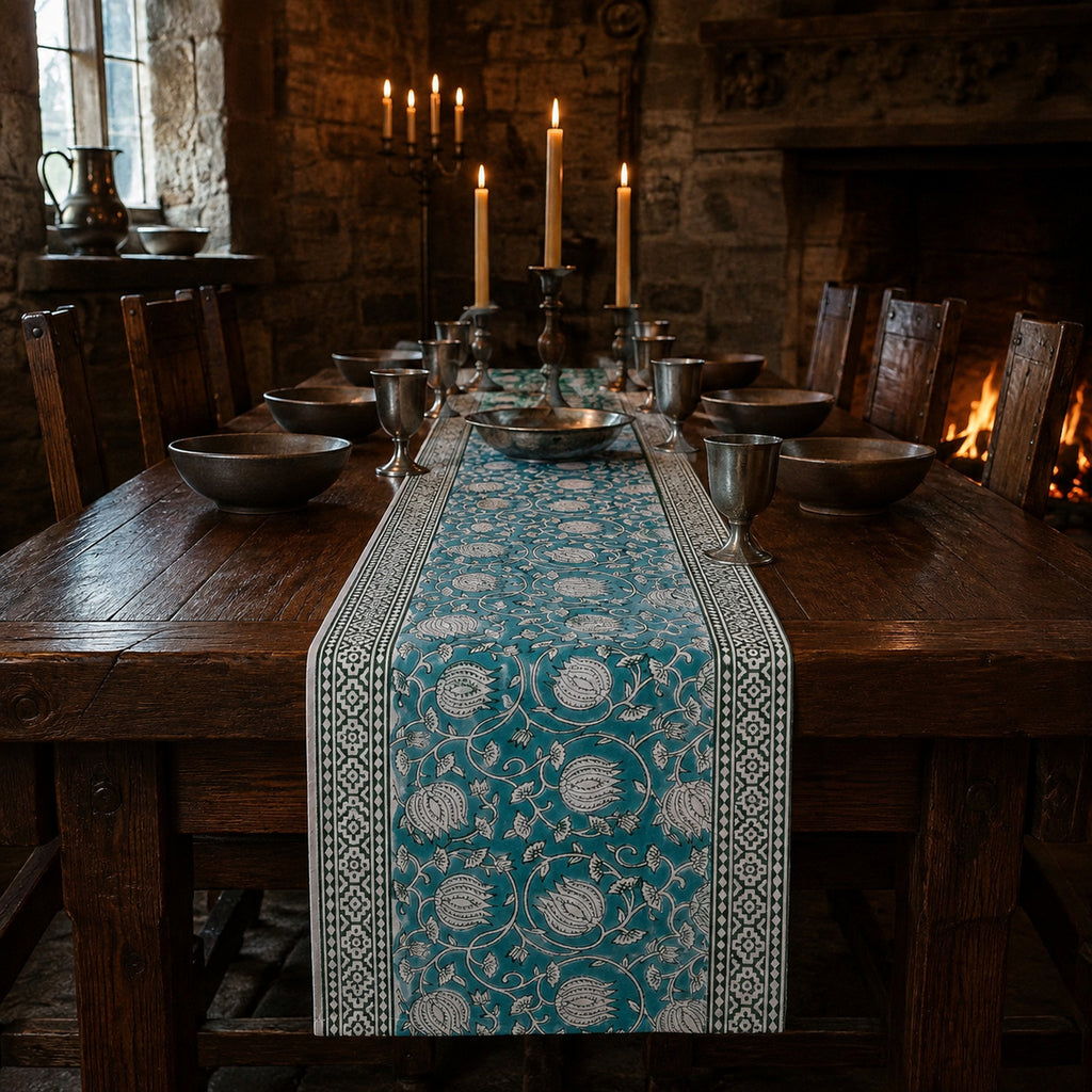 Teal Lotus Vine Table Runner, styled on a dining table.