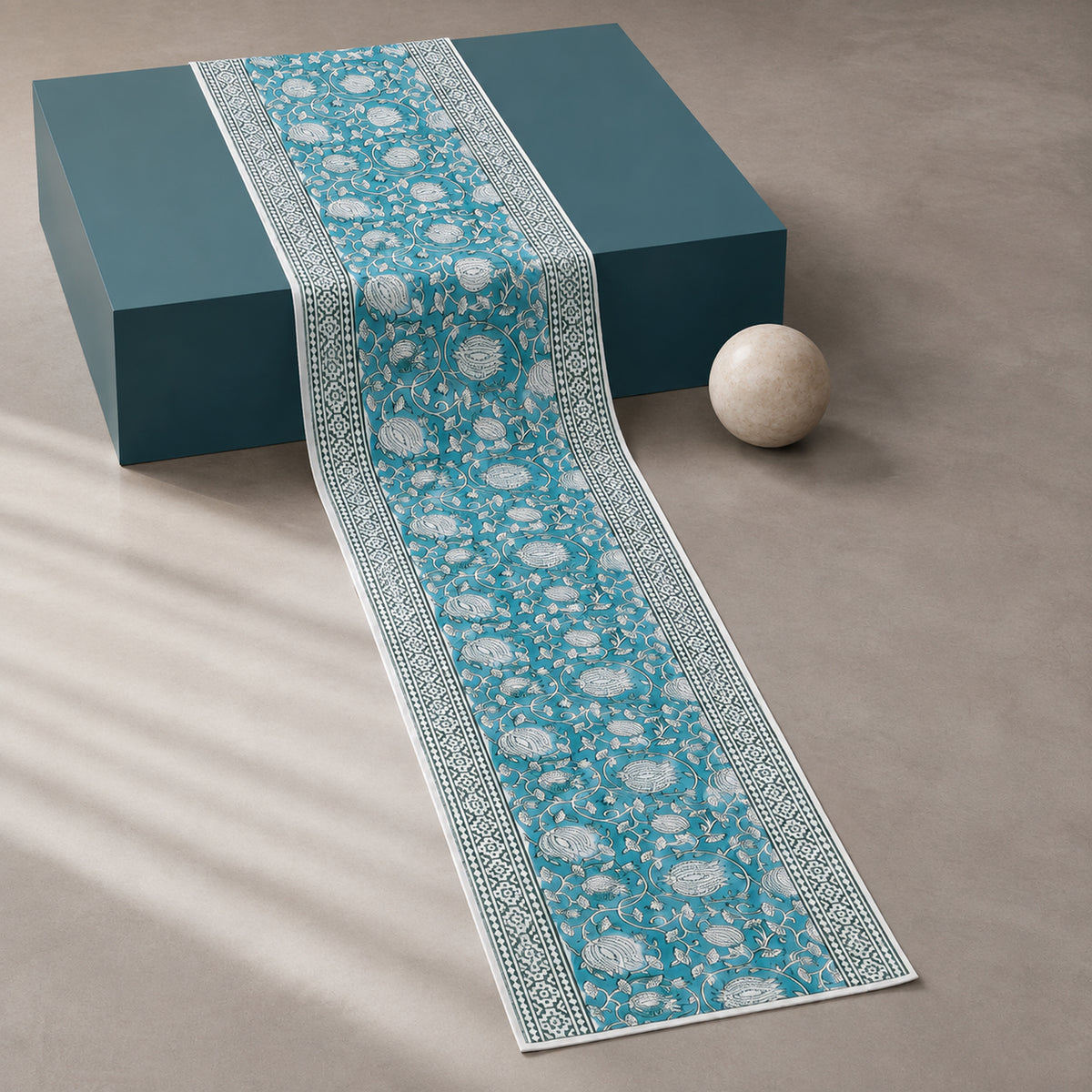 Teal Lotus Vine Table Runner, full-length product view.