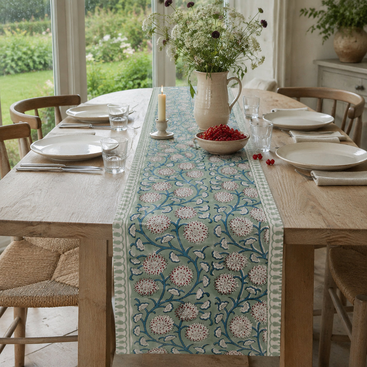 Sage Blue-Vine Floral Table Runner, styled on a dining table.