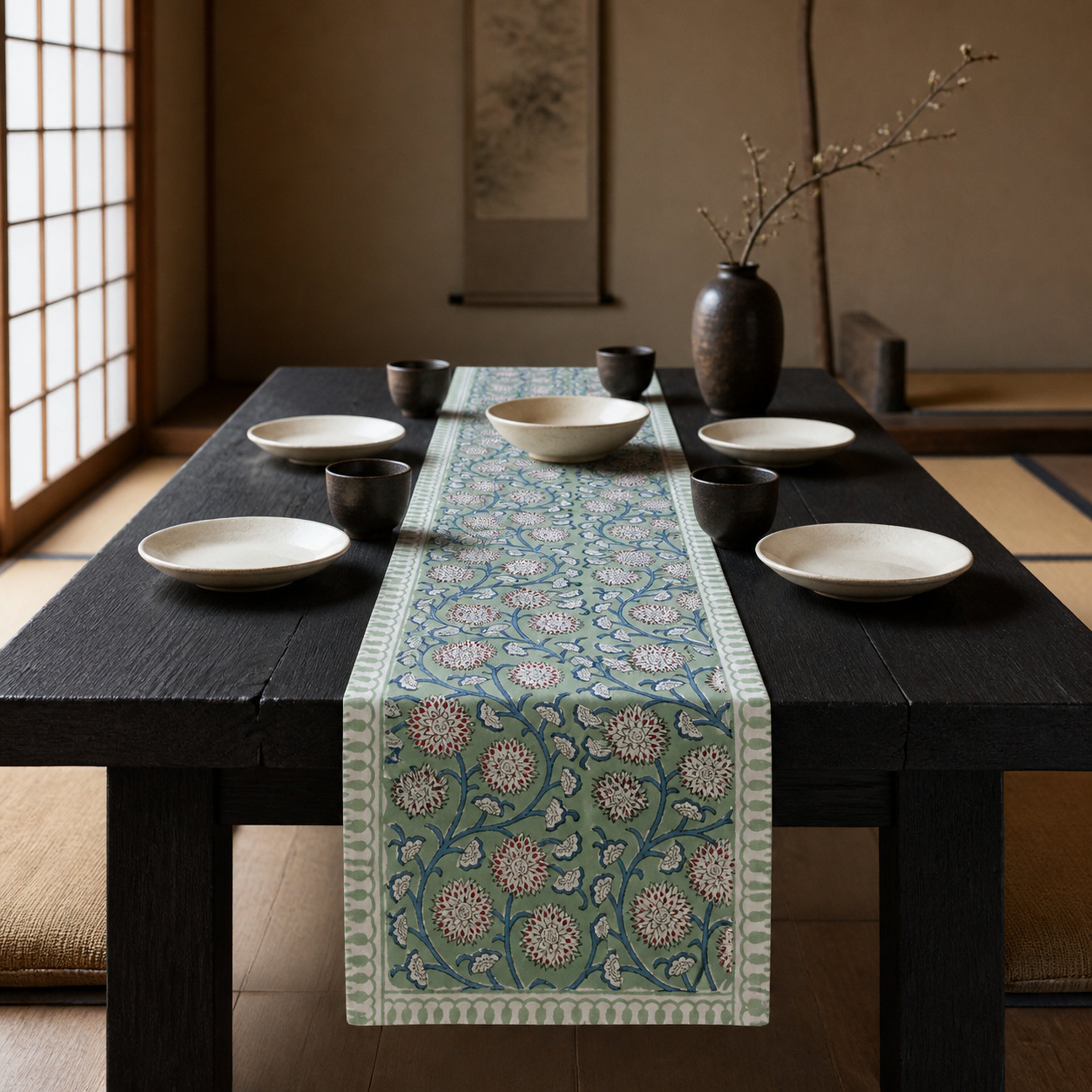 Sage Blue-Vine Floral Table Runner, styled on a dining table.